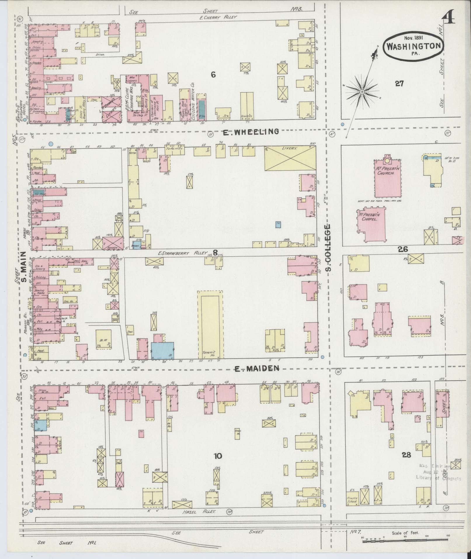 Sanborn Fire Insurance Map from Washington, Washington County, Pennsylvania (1891), Sheet #0004 - Historic Sanborn Fire Insurance Map Print, vintage old map wall art, antique decor, genealogy gift, Sanborn Fire Insurance Map from Washington Washington map