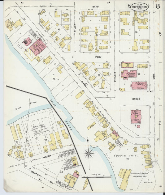 Sanborn Fire Insurance Map from Port Huron, Saint Clair County, Michigan (1898), Sheet #0008 - Historic Sanborn Fire Insurance Map Print, vintage old map wall art, antique decor, genealogy gift, Michigan Michigan map