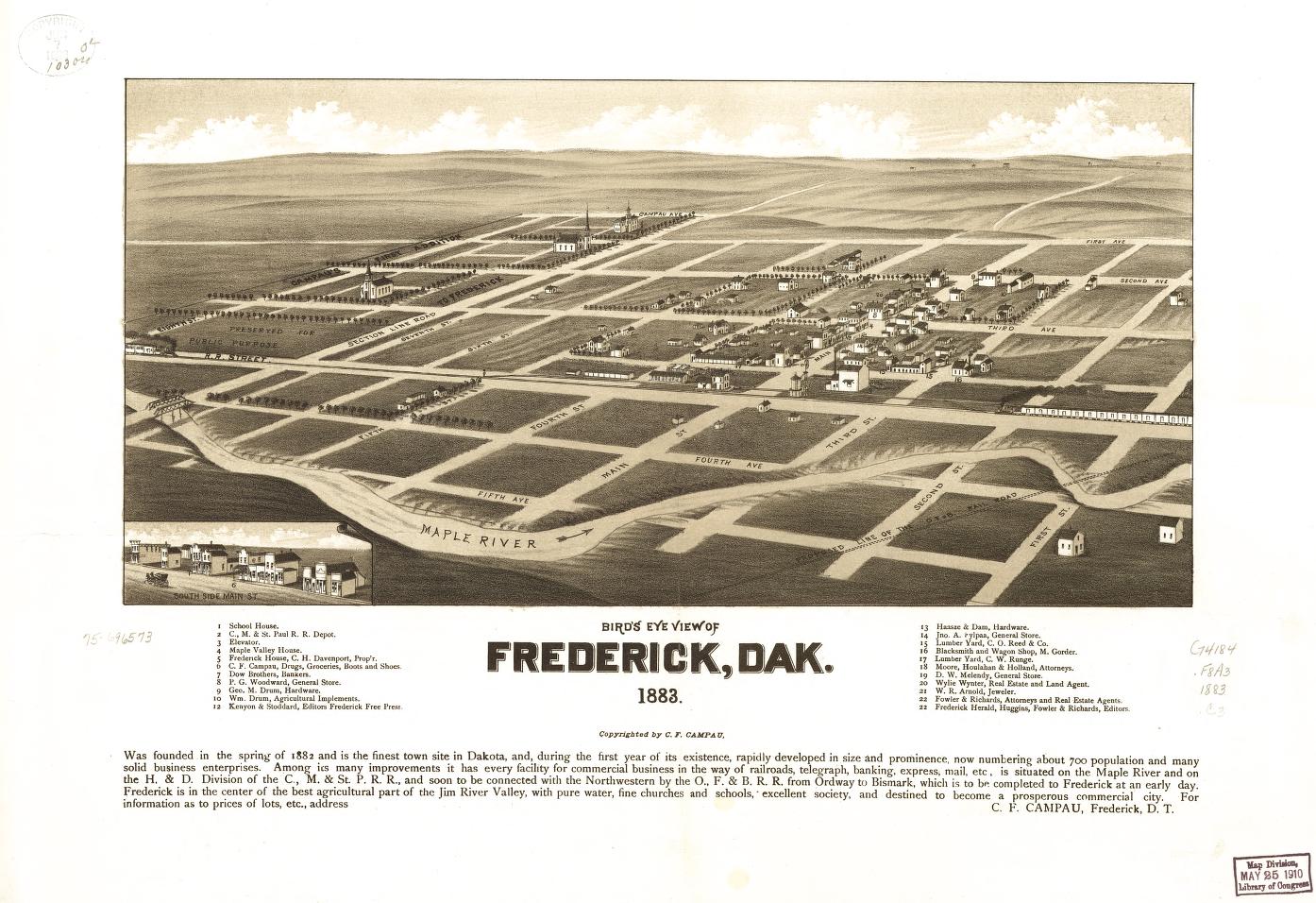 Bird's eye view of Frederick, Dak. 1883. (1883) – Historic Bird’s-Eye View Panorama Print