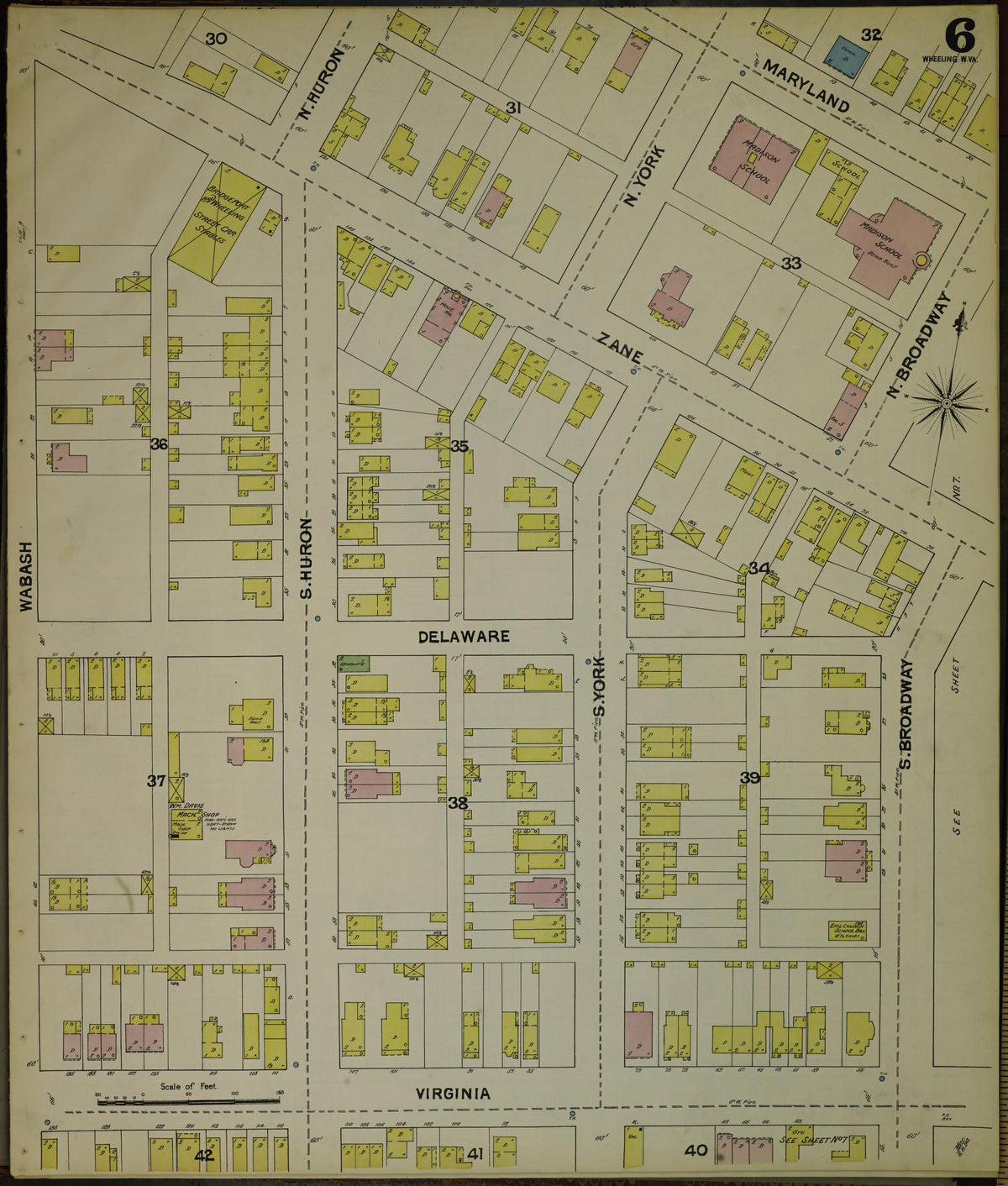 Sanborn Fire Insurance Map from Wheeling, Ohio County, West Virginia (1890), Sheet #0006 - Historic Sanborn Fire Insurance Map Print, vintage old map wall art, antique decor, genealogy gift, West Virginia West Virginia map