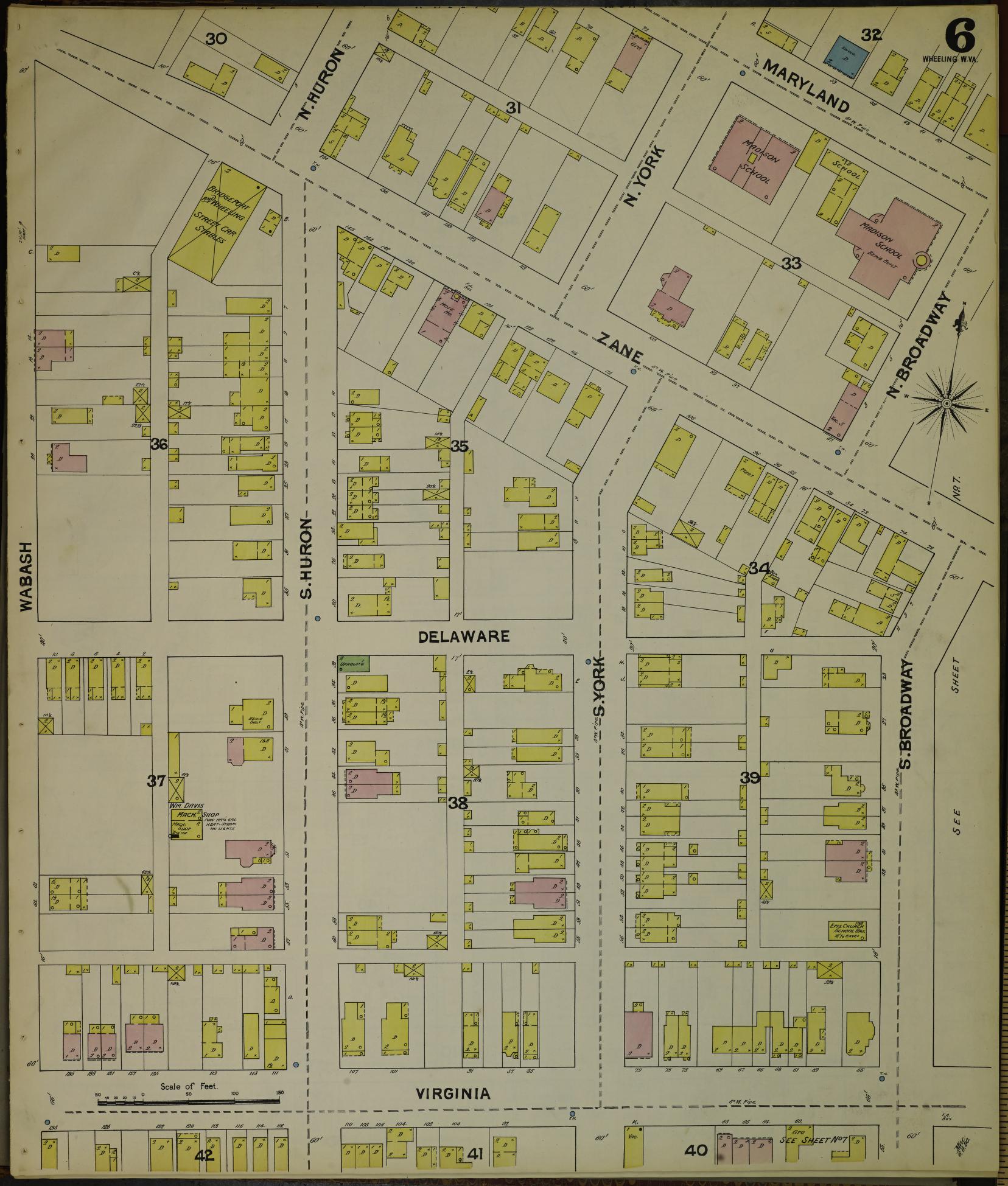 Sanborn Fire Insurance Map from Wheeling, Ohio County, West Virginia (1890), Sheet #0006 - Historic Sanborn Fire Insurance Map Print, vintage old map wall art, antique decor, genealogy gift, West Virginia West Virginia map