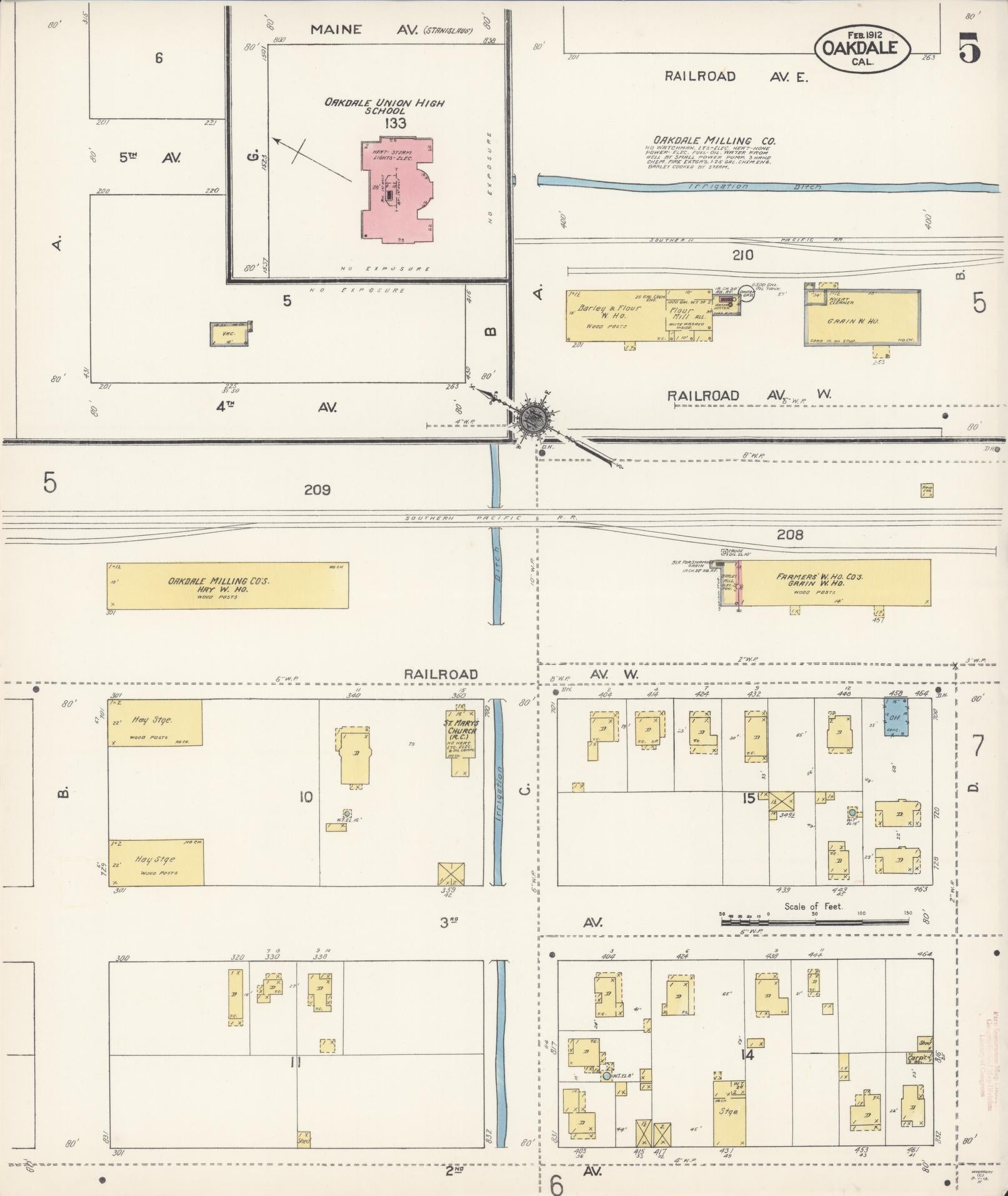 Sanborn Fire Insurance Map from Oakdale, Stanislaus County, California (1912), Sheet #0005 - Complete Map Set gallery image, historic Sanborn map, vintage wall art, California California