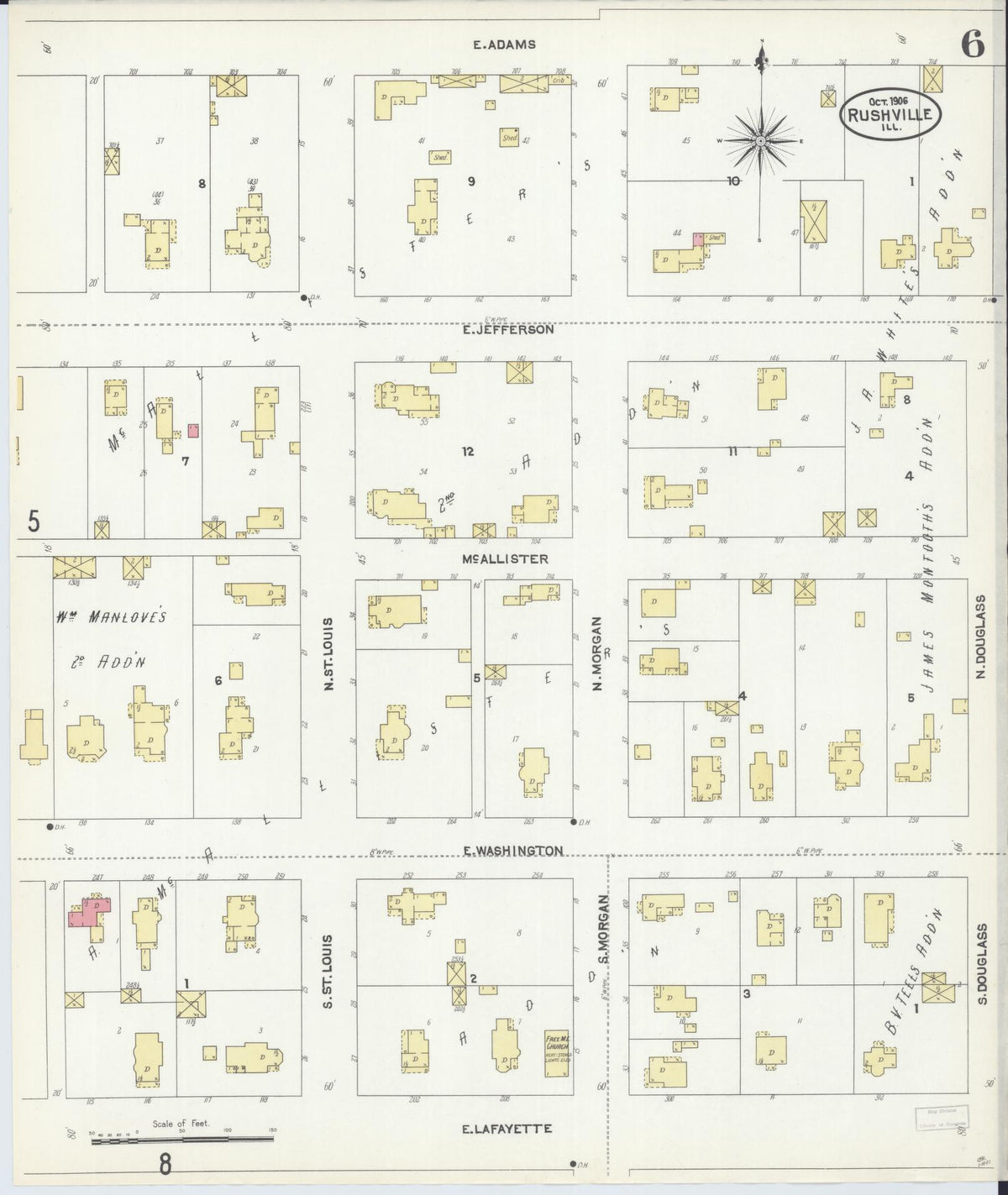 Sanborn Fire Insurance Map from Rushville, Schuyler County, Illinois (1906), Sheet #0006 - Historic Sanborn Fire Insurance Map Print, vintage old map wall art, antique decor, genealogy gift, Illinois Illinois map