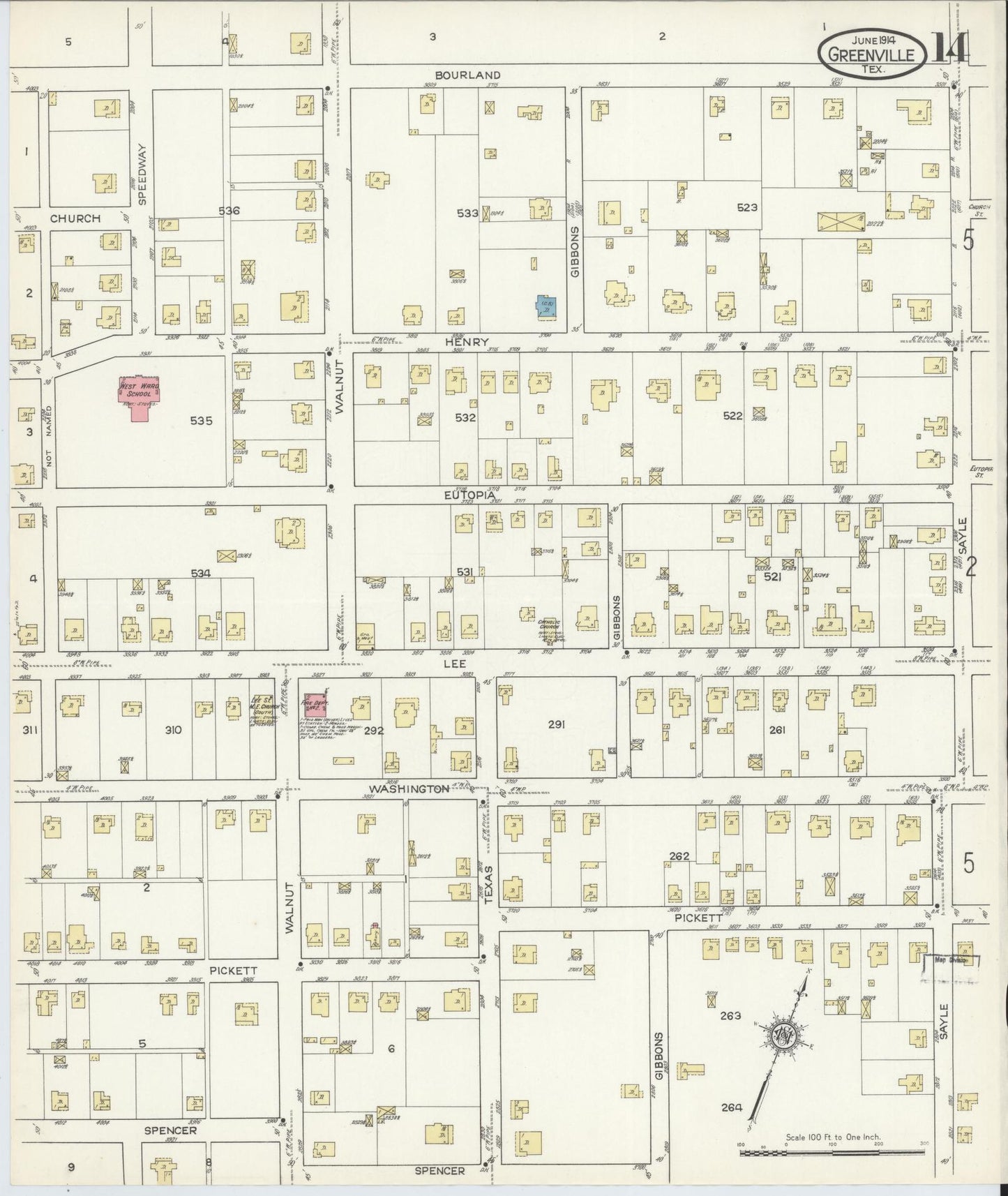 Sanborn Fire Insurance Map from Greenville, Hunt County, Texas (1914), Sheet #0014 - Historic Sanborn Fire Insurance Map Print, vintage old map wall art, antique decor, genealogy gift, Texas Texas map