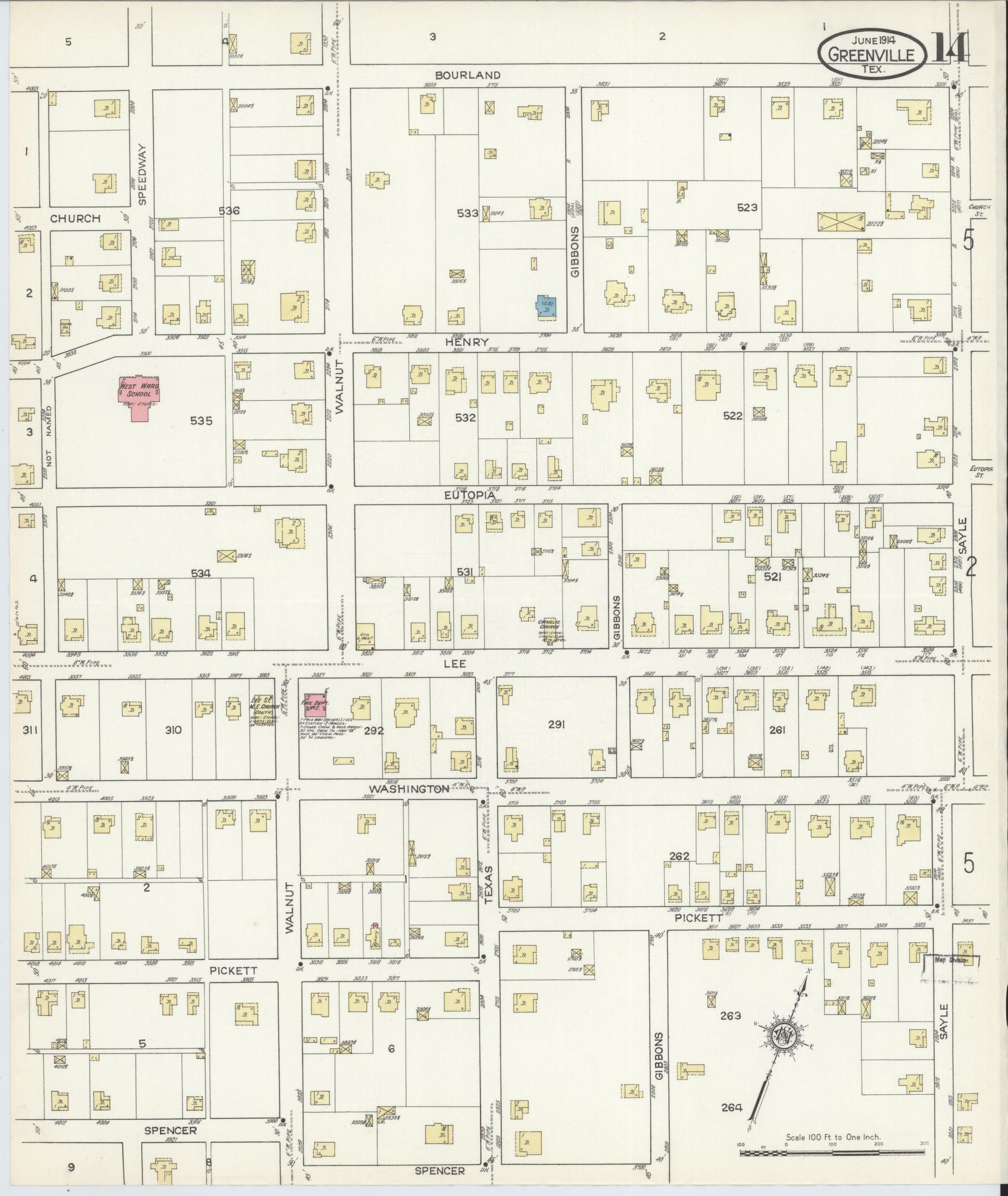 Sanborn Fire Insurance Map from Greenville, Hunt County, Texas (1914), Sheet #0014 - Historic Sanborn Fire Insurance Map Print, vintage old map wall art, antique decor, genealogy gift, Texas Texas map