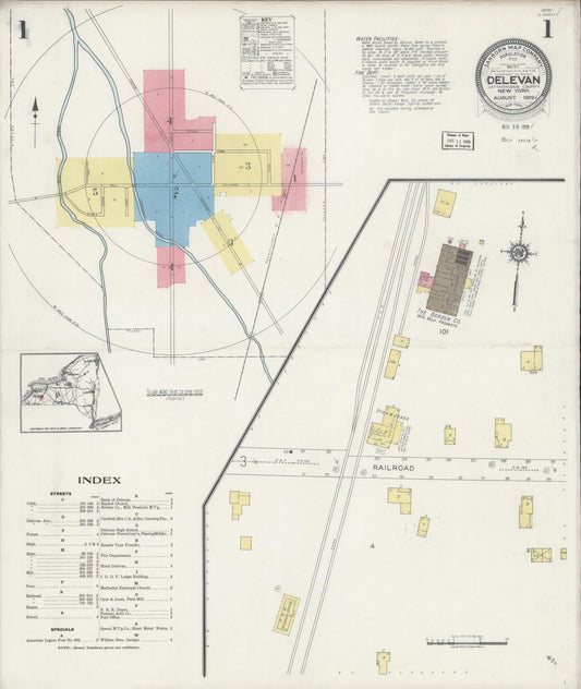 Sanborn Fire Insurance Map from Delevan, Cattaraugus County, New York (1929), Sheet #0001 - Historic Sanborn Fire Insurance Map Print, vintage old map wall art, antique decor, genealogy gift, New York New York map