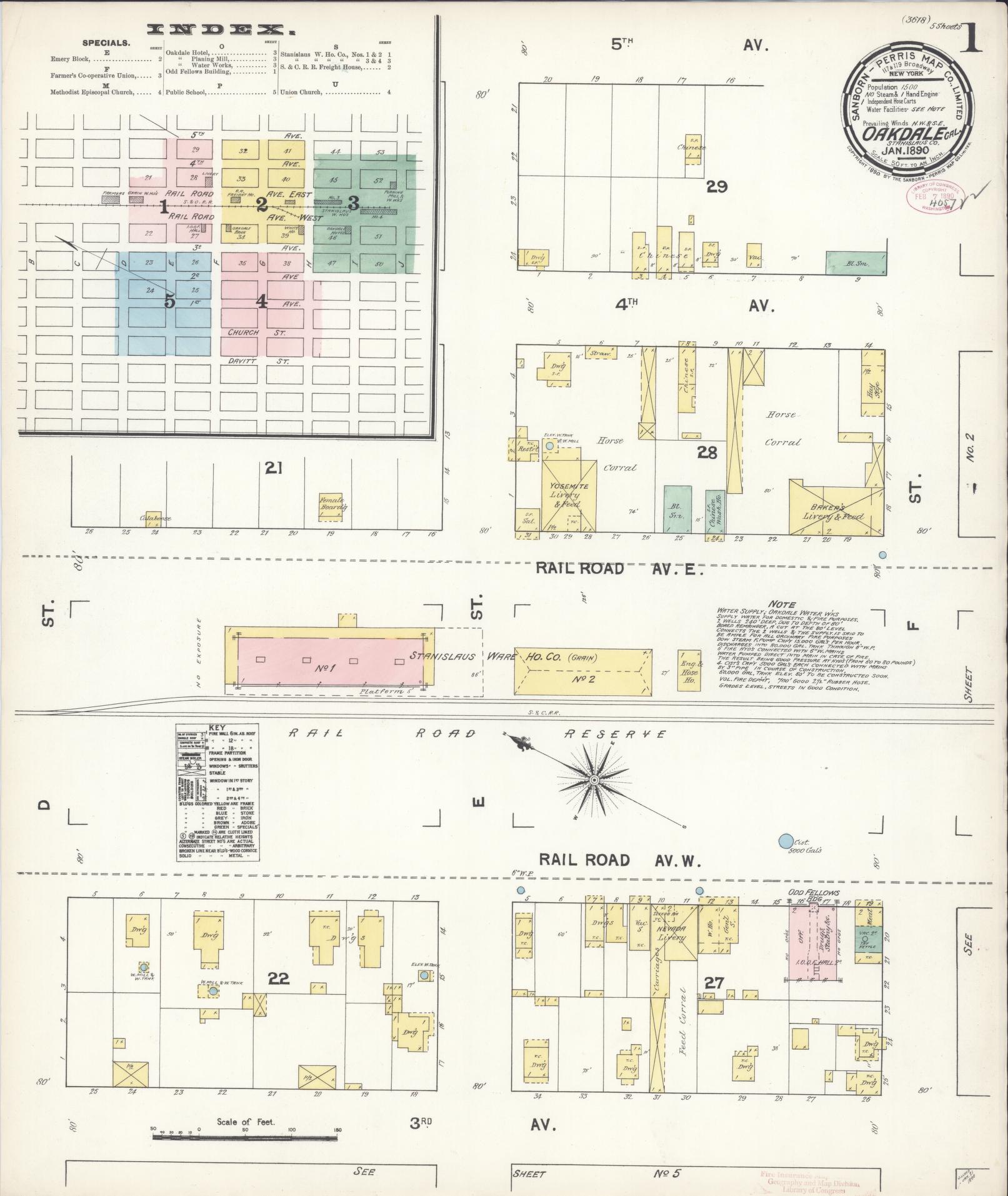 Sanborn Fire Insurance Map from Oakdale, Stanislaus County, California (1890), Sheet #0001 - Complete Map Set gallery image, historic Sanborn map, vintage wall art, California California