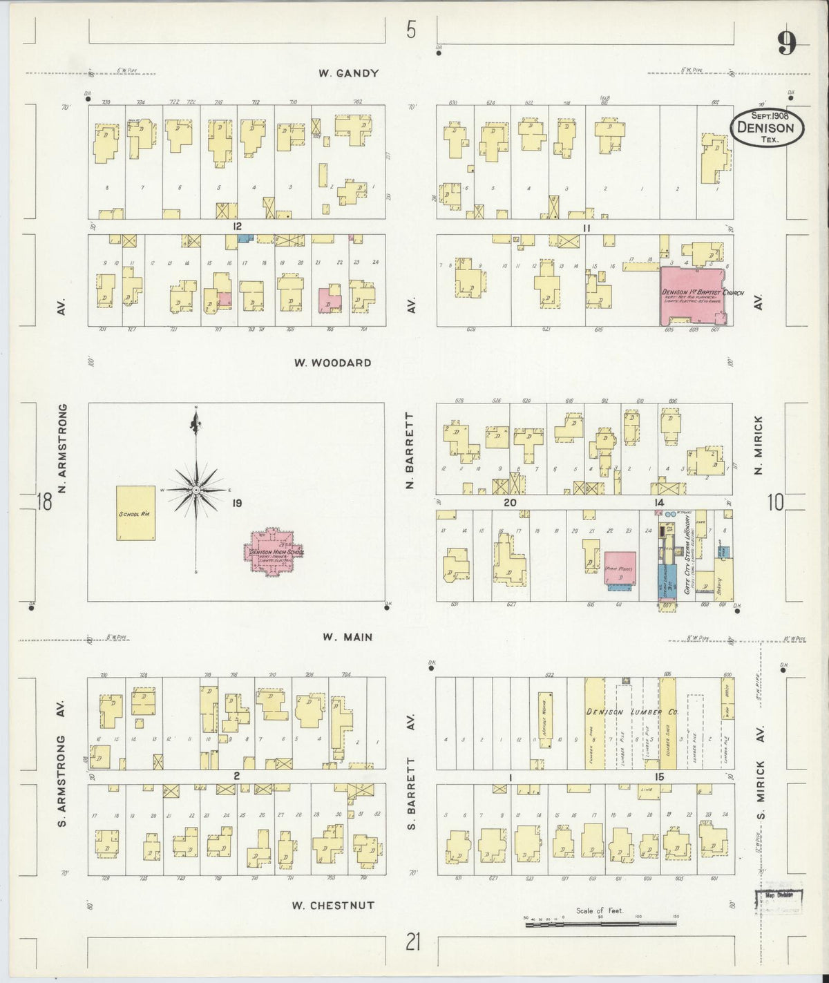Sanborn Fire Insurance Map from Denison, Grayson County, Texas (1908), Sheet #0009 - Complete Map Set gallery image, historic Sanborn map, vintage wall art, Texas Texas