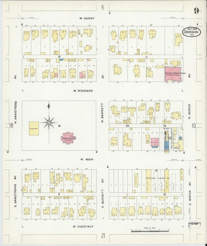 Sanborn Fire Insurance Map from Denison, Grayson County, Texas (1908), Sheet #0009 - Complete Map Set gallery image, historic Sanborn map, vintage wall art, Texas Texas