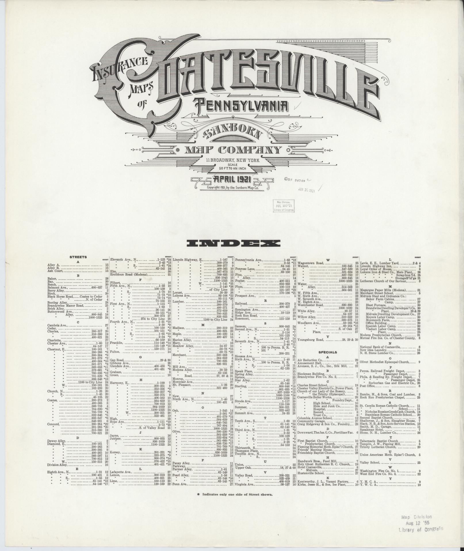 Sanborn Fire Insurance Map from Coatesville, Chester County, Pennsylvania (1921), Sheet #0001 - Historic Sanborn Fire Insurance Map Print, vintage old map wall art, antique decor, genealogy gift, Pennsylvania Pennsylvania map