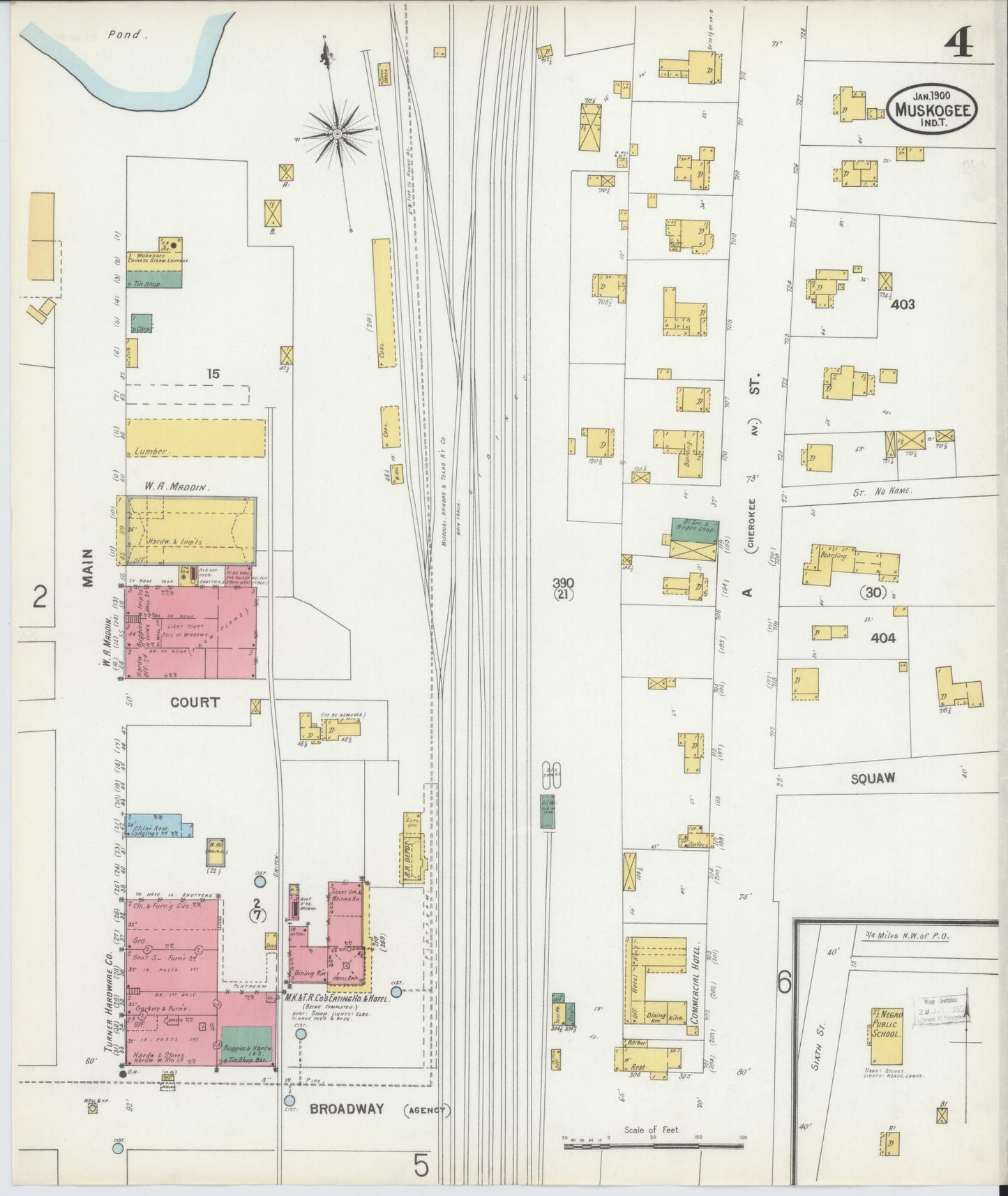 Sanborn Fire Insurance Map from Muskogee, Muskogee County, Oklahoma (1900), Sheet #0004 - Complete Map Set gallery image, historic Sanborn map, vintage wall art, Oklahoma Oklahoma