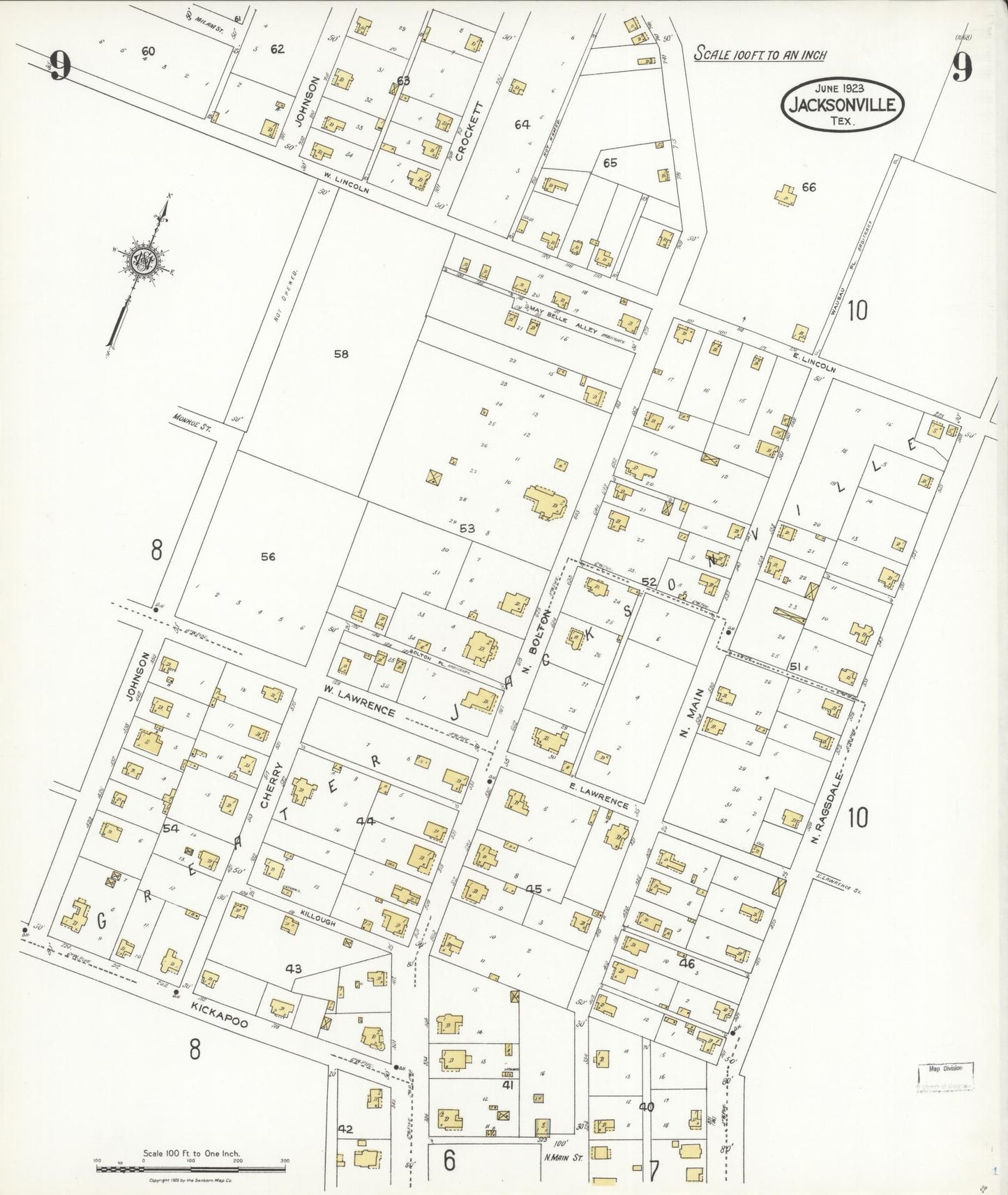 Sanborn Fire Insurance Map from Jacksonville, Cherokee County, Texas (1923), Sheet #0009 - Historic Sanborn Fire Insurance Map Print, vintage old map wall art, antique decor, genealogy gift, Texas Texas map