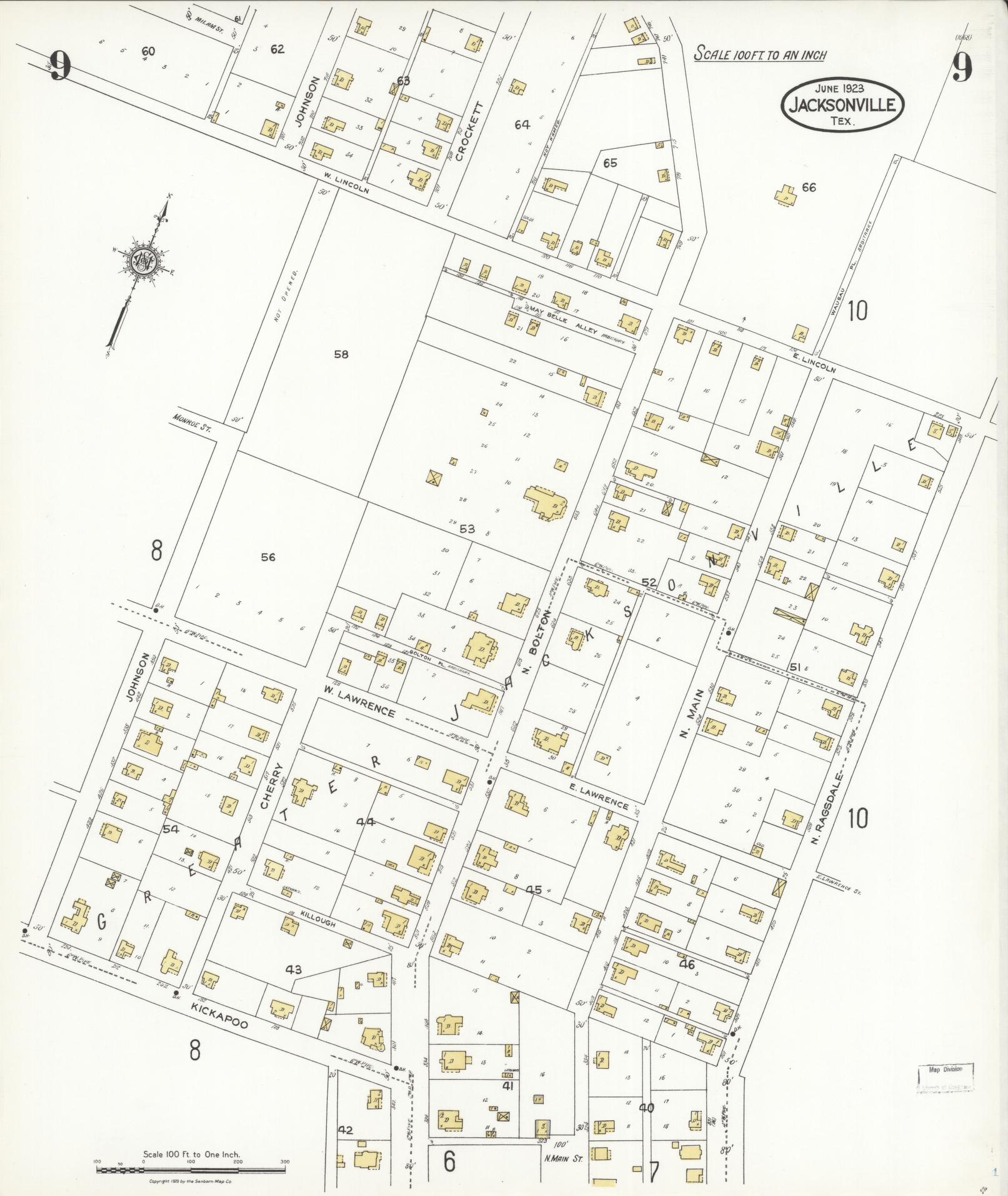 Sanborn Fire Insurance Map from Jacksonville, Cherokee County, Texas (1923), Sheet #0009 - Historic Sanborn Fire Insurance Map Print, vintage old map wall art, antique decor, genealogy gift, Texas Texas map