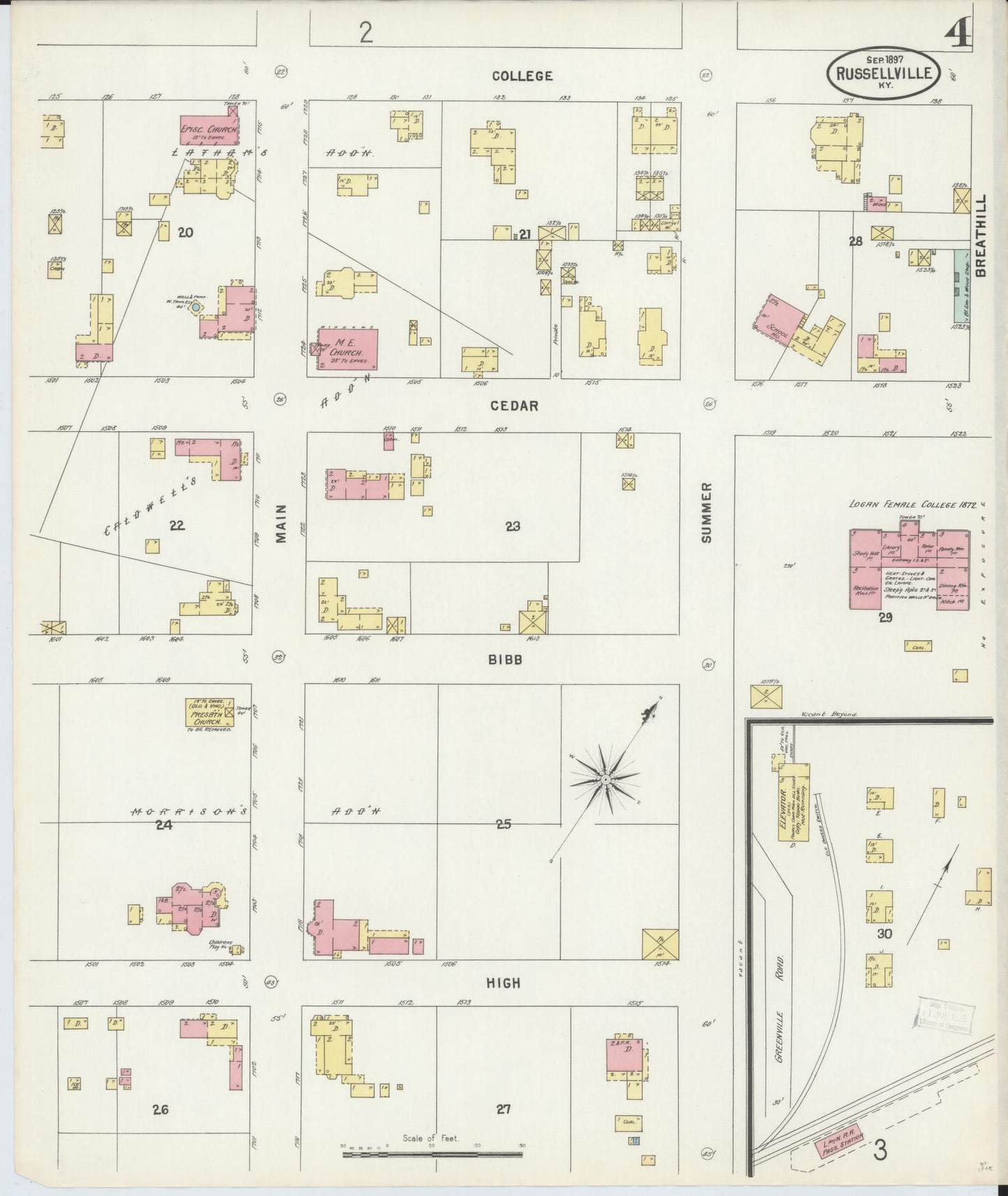 Sanborn Fire Insurance Map from Russellville, Logan County, Kentucky (1897), Sheet #0004 - Complete Map Set gallery image, historic Sanborn map, vintage wall art, Kentucky Kentucky