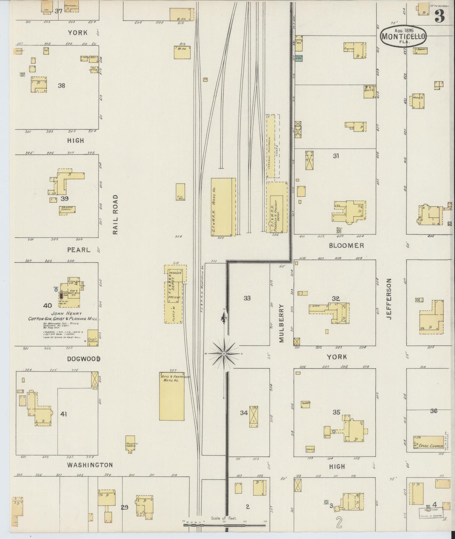 Sanborn Fire Insurance Map from Monticello, Jefferson County, Florida (1895), Sheet #0003 - Historic Sanborn Fire Insurance Map Print, vintage old map wall art, antique decor, genealogy gift, Florida Florida map