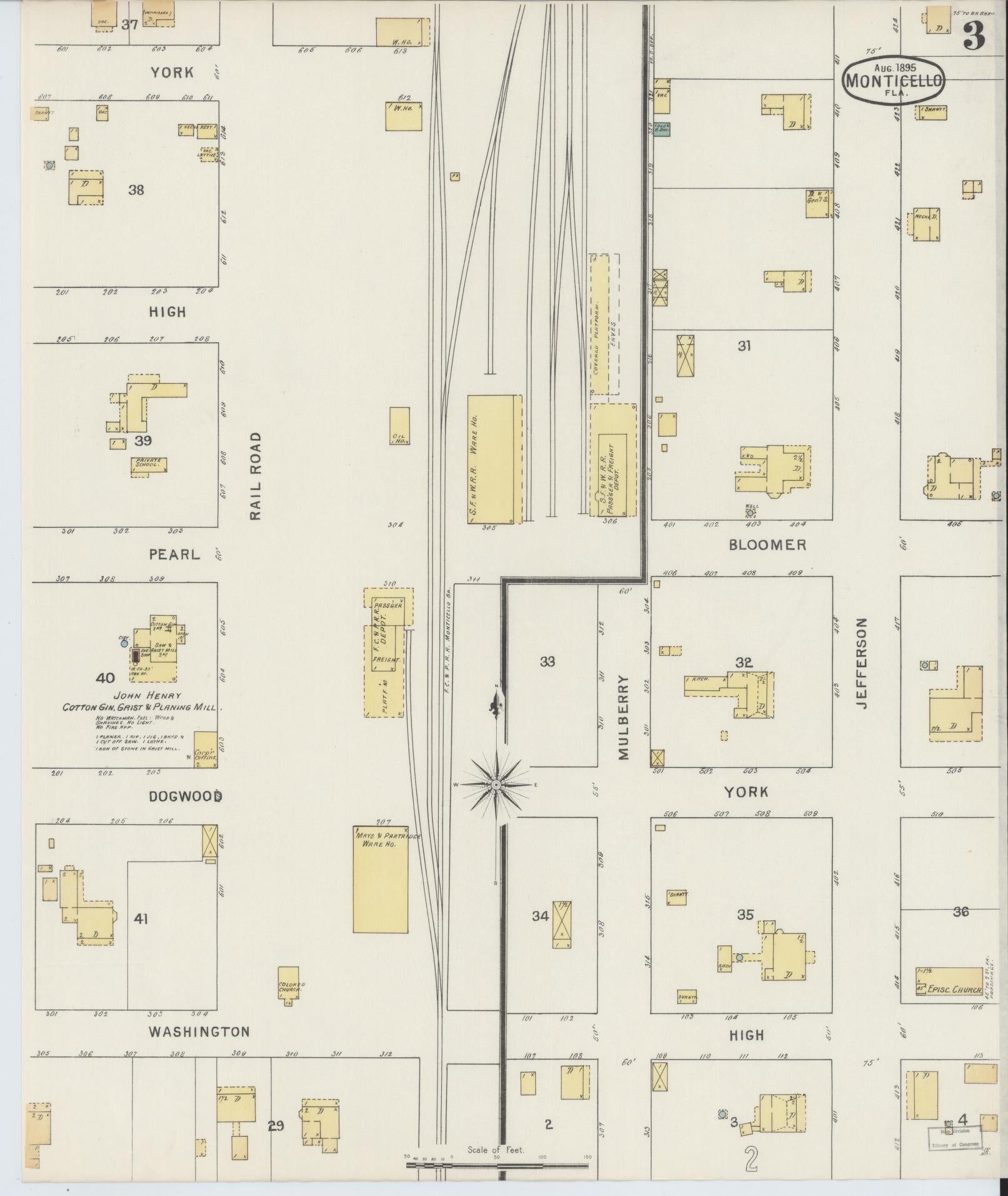 Sanborn Fire Insurance Map from Monticello, Jefferson County, Florida (1895), Sheet #0003 - Historic Sanborn Fire Insurance Map Print, vintage old map wall art, antique decor, genealogy gift, Florida Florida map