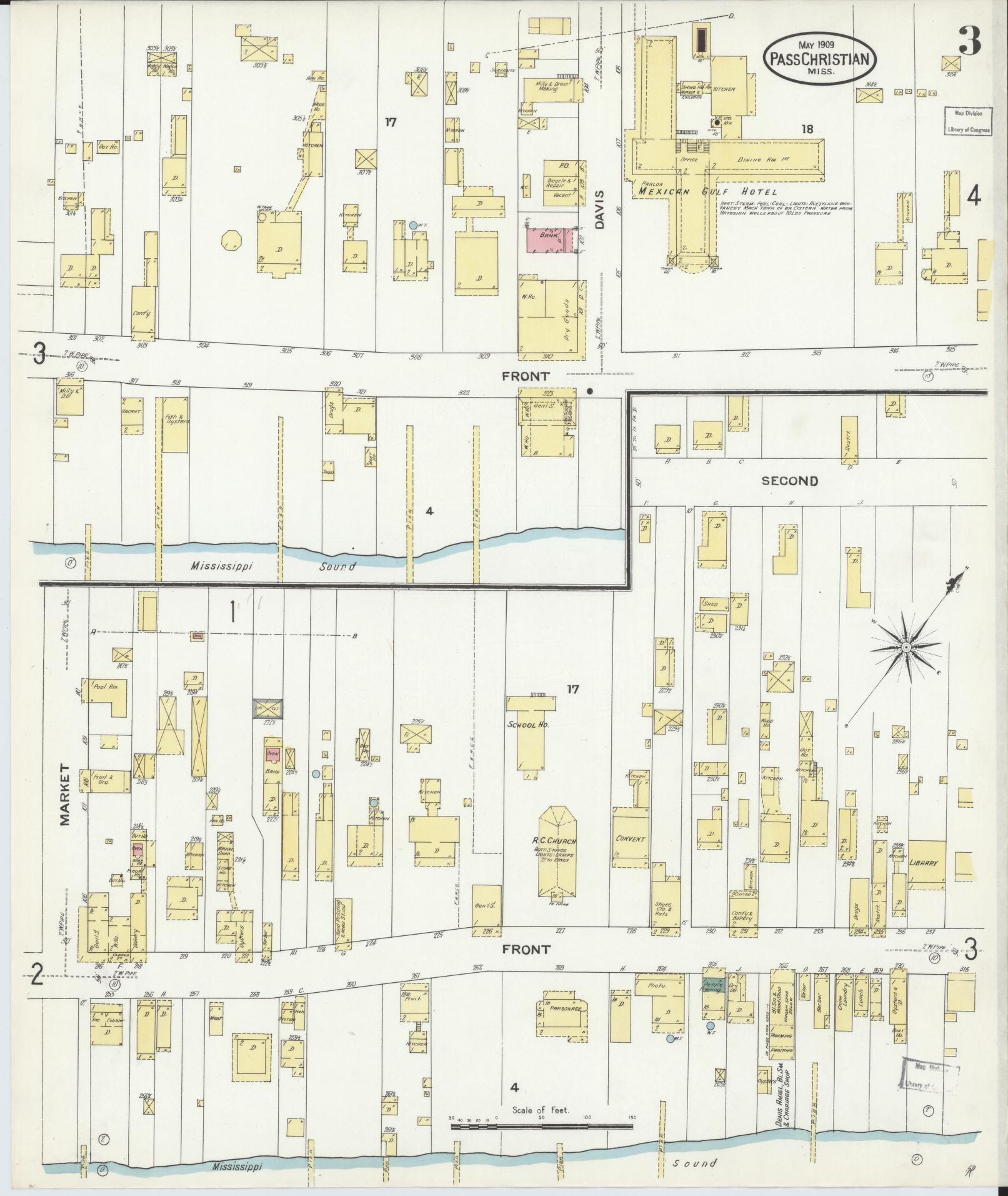 Sanborn Fire Insurance Map from Pass Christian, Harrison County, Mississippi (1909), Sheet #0003 - Historic Sanborn Fire Insurance Map Print, vintage old map wall art, antique decor, genealogy gift, Mississippi Mississippi map