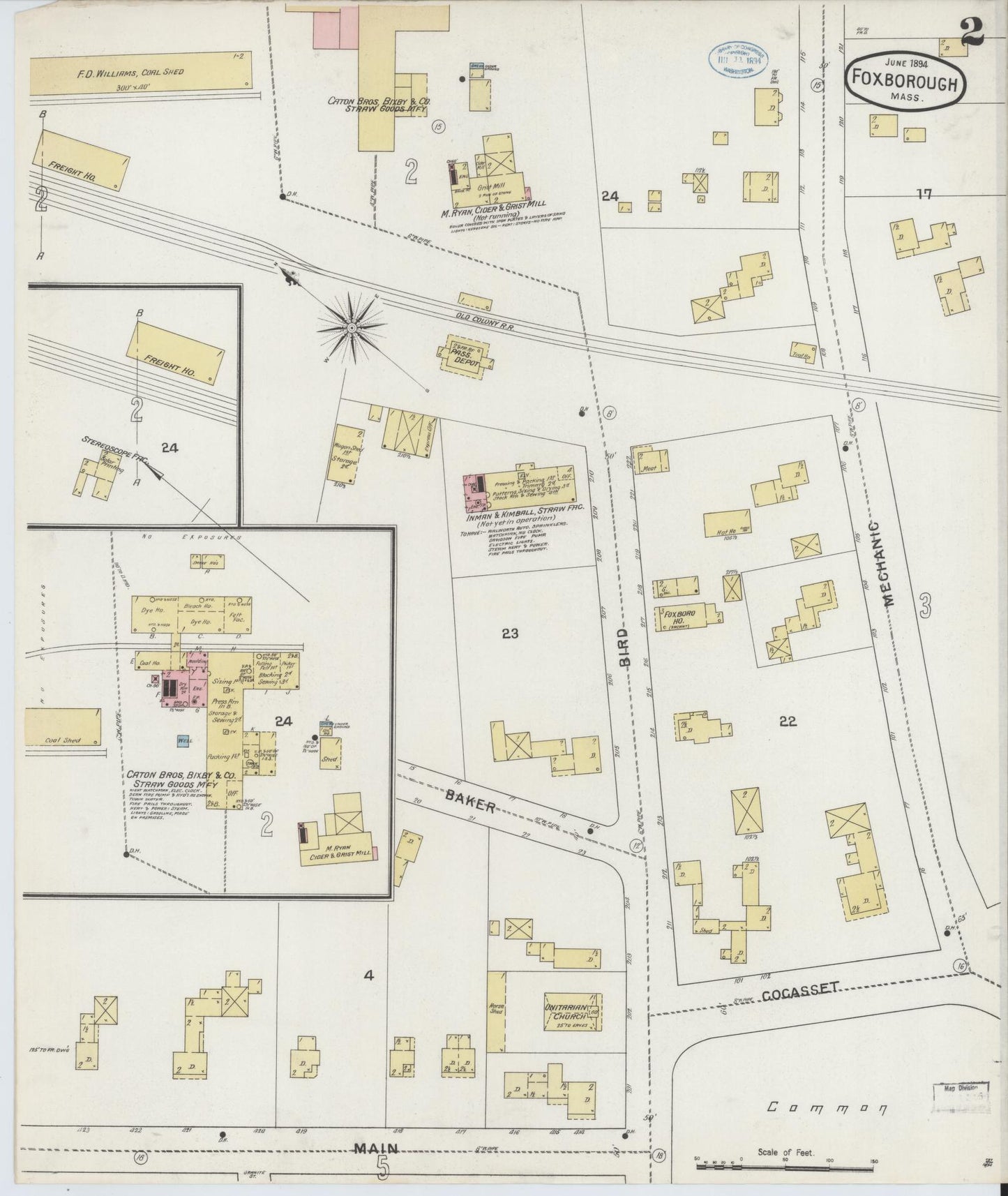 Sanborn Fire Insurance Map from Foxboro, Norfolk County, Massachusetts (1894), Sheet #0002 - Historic Sanborn Fire Insurance Map Print, vintage old map wall art, antique decor, genealogy gift, Massachusetts Massachusetts map