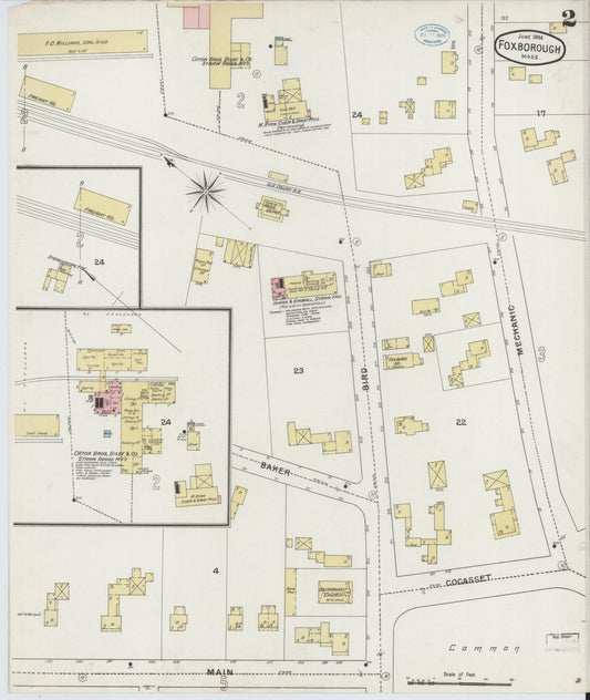 Sanborn Fire Insurance Map from Foxboro, Norfolk County, Massachusetts (1894), Sheet #0002 - Historic Sanborn Fire Insurance Map Print, vintage old map wall art, antique decor, genealogy gift, Massachusetts Massachusetts map