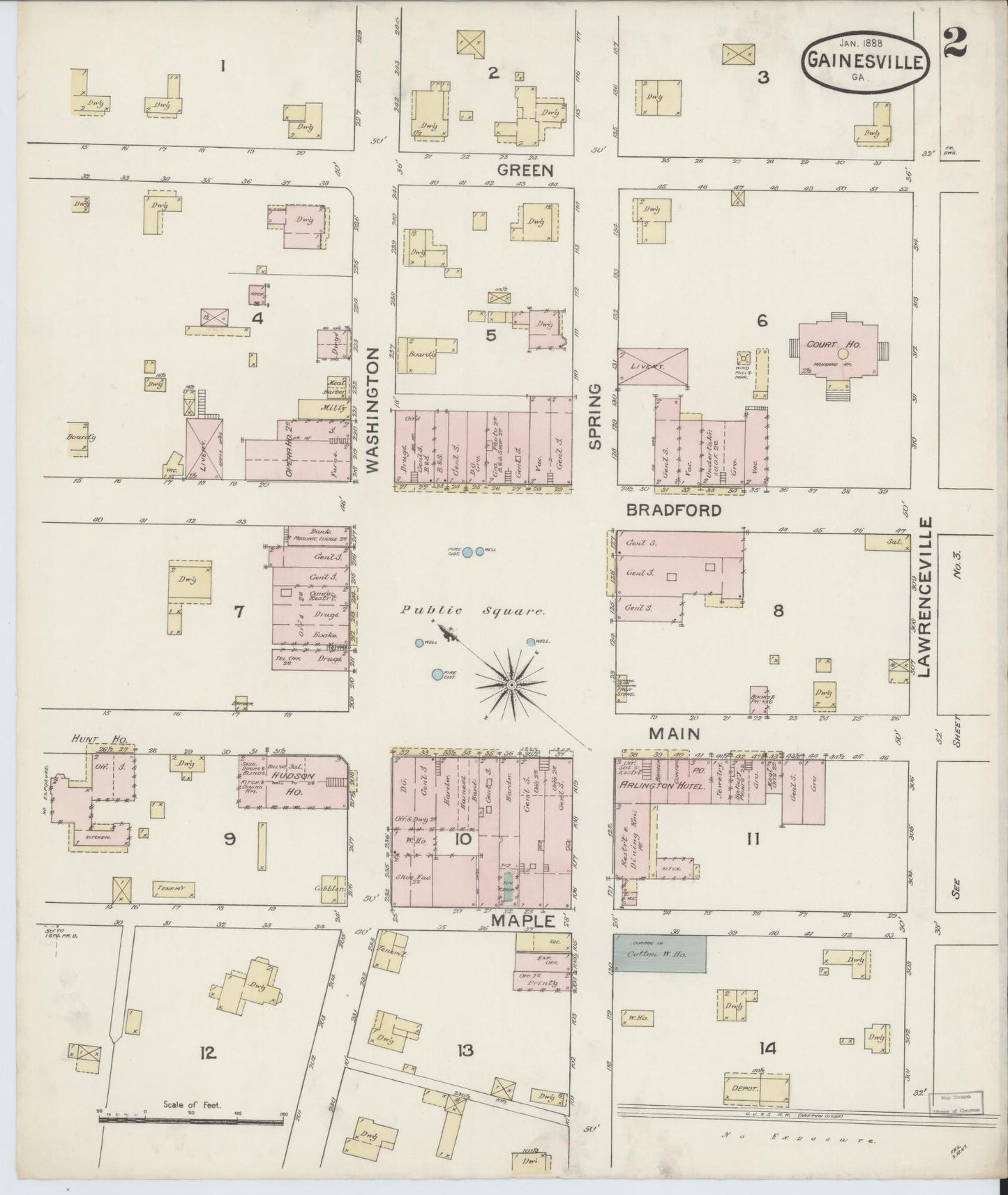 Sanborn Fire Insurance Map from Gainesville, Hall County, Georgia (1888), Sheet #0002 - Historic Sanborn Fire Insurance Map Print, vintage old map wall art, antique decor, genealogy gift, Georgia Georgia map