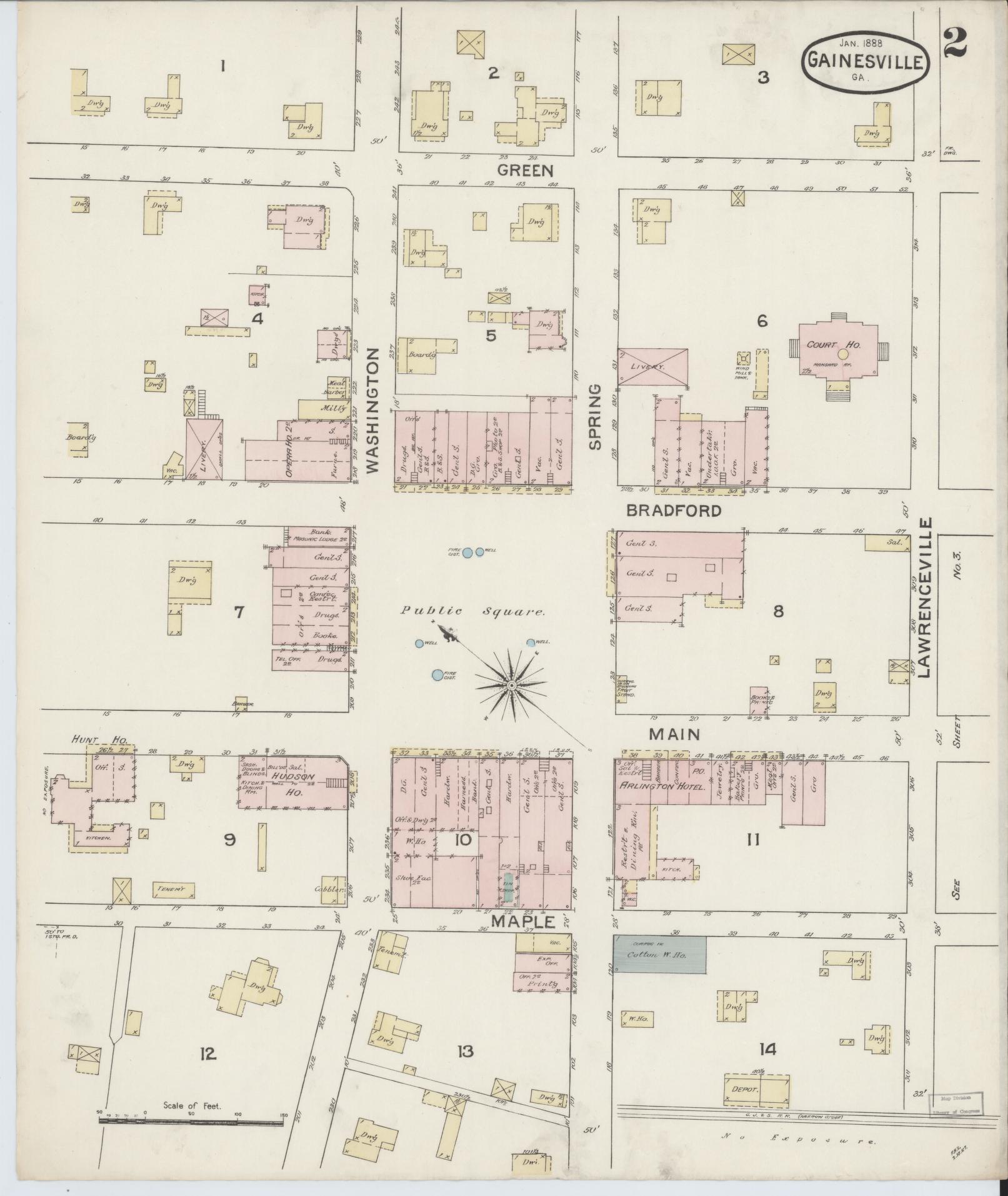 Sanborn Fire Insurance Map from Gainesville, Hall County, Georgia (1888), Sheet #0002 - Historic Sanborn Fire Insurance Map Print, vintage old map wall art, antique decor, genealogy gift, Georgia Georgia map