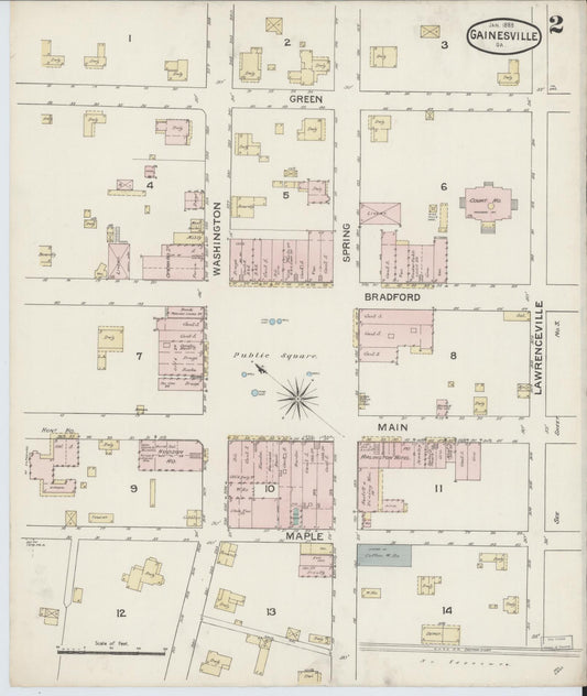Sanborn Fire Insurance Map from Gainesville, Hall County, Georgia (1888), Sheet #0002 - Historic Sanborn Fire Insurance Map Print, vintage old map wall art, antique decor, genealogy gift, Georgia Georgia map