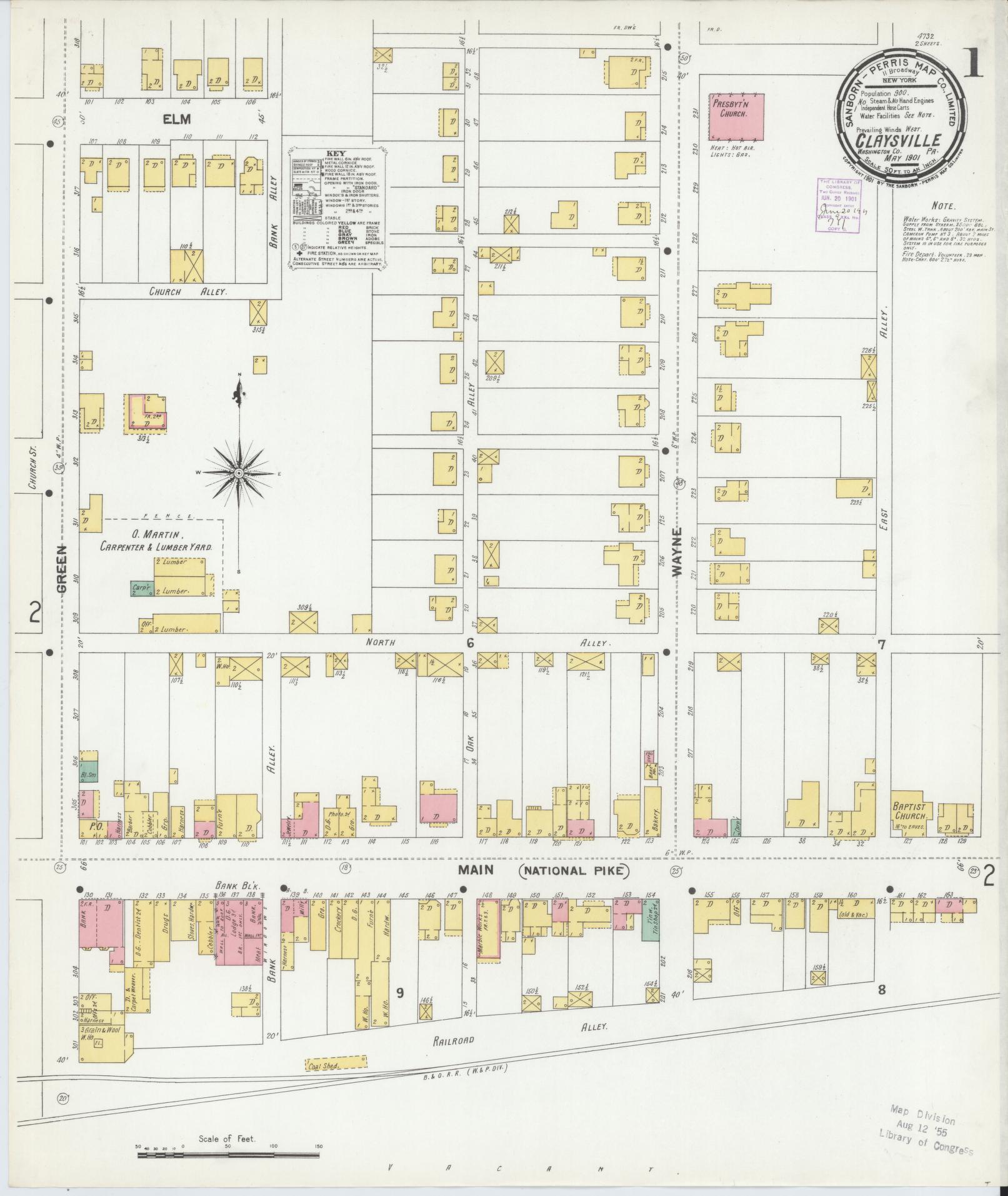 Sanborn Fire Insurance Map from Claysville, Washington County, Pennsylvania (1901), Sheet #0001 - Historic Sanborn Fire Insurance Map Print, vintage old map wall art, antique decor, genealogy gift, Pennsylvania Pennsylvania map