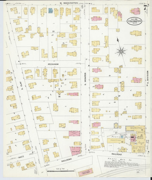 Sanborn Fire Insurance Map from Coldwater, Branch County, Michigan (1908), Sheet #0007 - Historic Sanborn Fire Insurance Map Print, vintage old map wall art, antique decor, genealogy gift, Michigan Michigan map