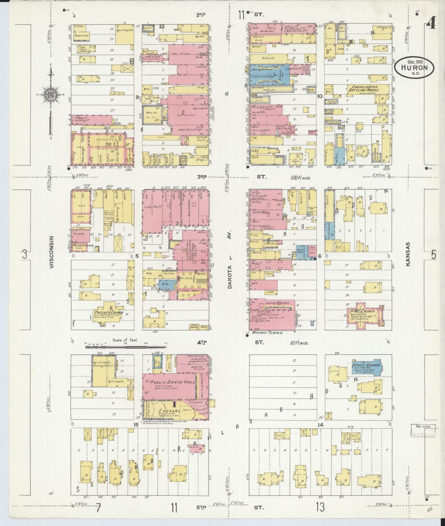 Sanborn Fire Insurance Map from Huron, Beadle County, South Dakota (1910), Sheet #0004 - Complete Map Set gallery image, historic Sanborn map, vintage wall art, South Dakota South Dakota
