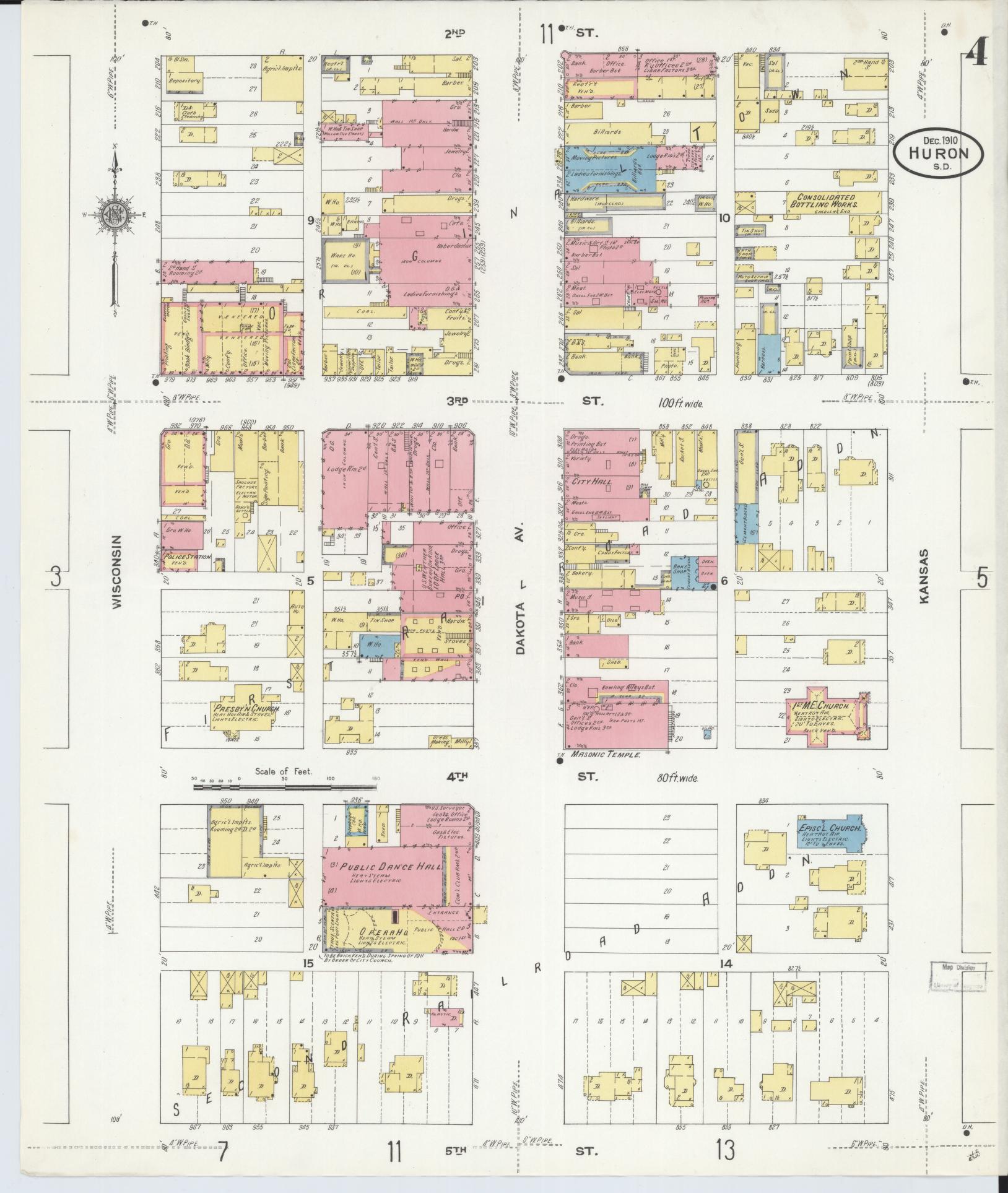 Sanborn Fire Insurance Map from Huron, Beadle County, South Dakota (1910), Sheet #0004 - Complete Map Set gallery image, historic Sanborn map, vintage wall art, South Dakota South Dakota