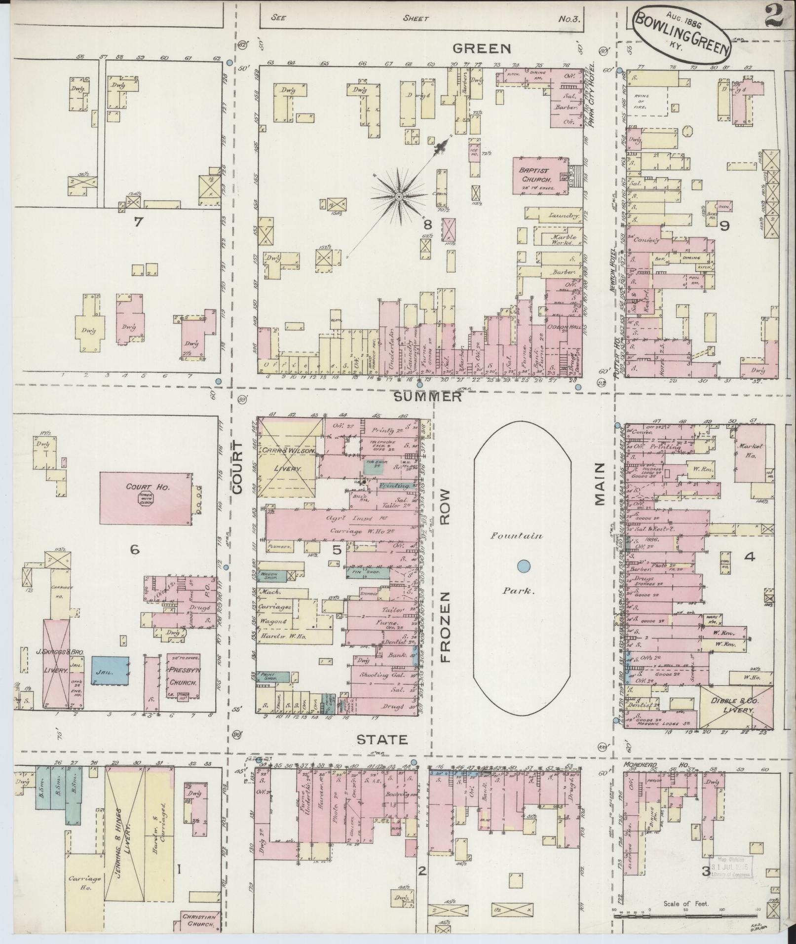 Sanborn Fire Insurance Map from Bowling Green, Warren County, Kentucky (1886), Sheet #0002 - Historic Sanborn Fire Insurance Map Print, vintage old map wall art, antique decor, genealogy gift, Kentucky Kentucky map