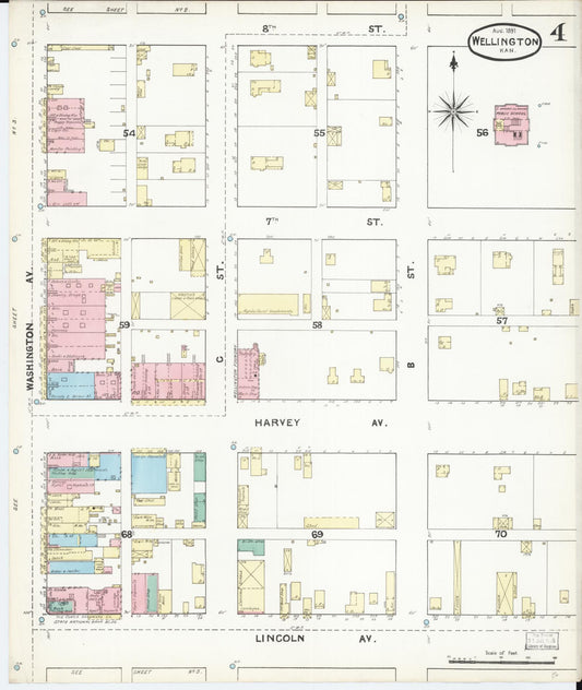 Sanborn Fire Insurance Map from Wellington, Sumner County, Kansas (1891), Sheet #0004 - Historic Sanborn Fire Insurance Map Print, vintage old map wall art, antique decor, genealogy gift, Kansas Kansas map