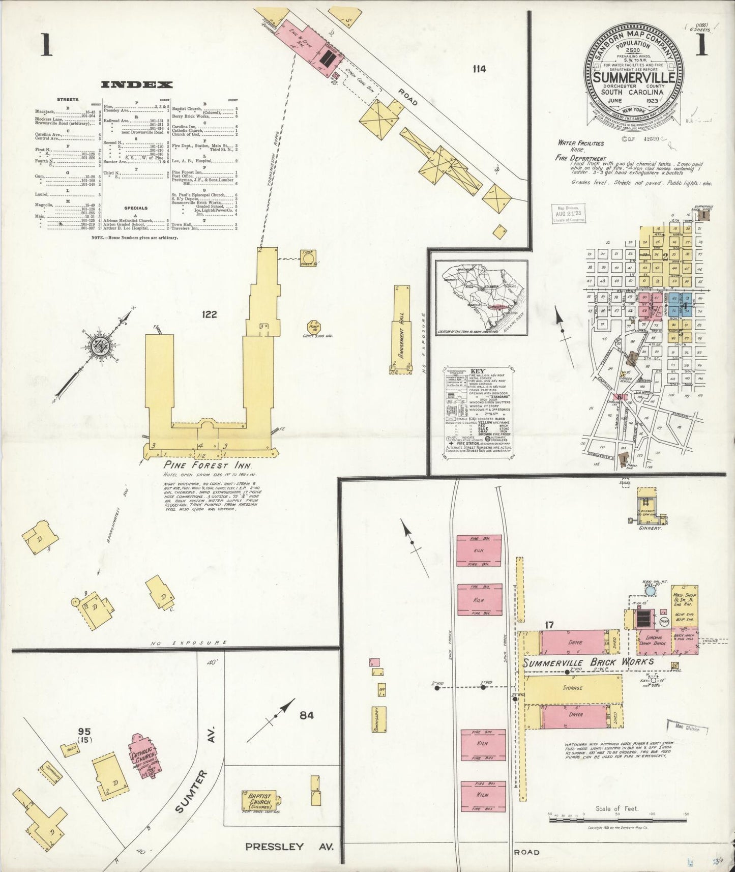 Sanborn Fire Insurance Map from Summerville, Dorchester County, South Carolina (1923), Sheet #0001 - Historic Sanborn Fire Insurance Map Print, vintage old map wall art, antique decor, genealogy gift, South Carolina South Carolina map