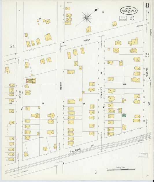Sanborn Fire Insurance Map from Hackensack, Bergen County, New Jersey (1908), Sheet #0008 - Historic Sanborn Fire Insurance Map Print, vintage old map wall art, antique decor, genealogy gift, New Jersey New Jersey map