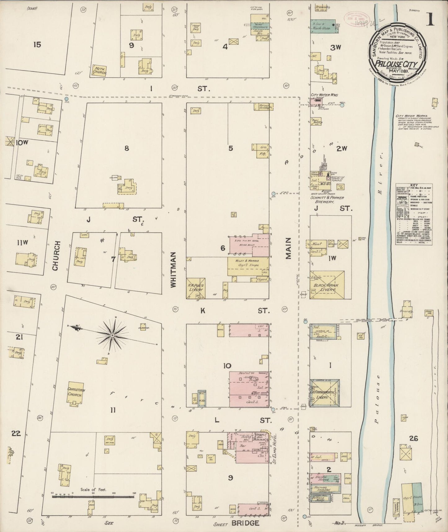 Sanborn Fire Insurance Map from Palouse City, Whitman County, Washington (1889), Sheet #0001 - Complete Map Set gallery image, historic Sanborn map, vintage wall art, Washington Washington