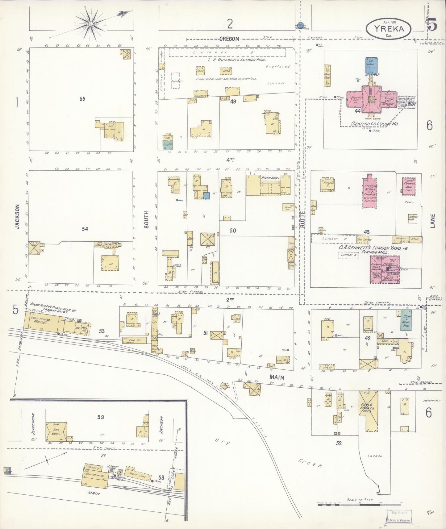 Sanborn Fire Insurance Map from Yreka, Siskiyou County, California (1901), Sheet #0005 - Complete Map Set gallery image, historic Sanborn map, vintage wall art, California California