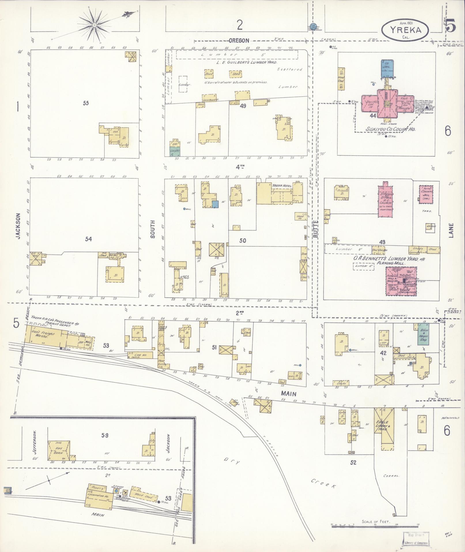 Sanborn Fire Insurance Map from Yreka, Siskiyou County, California (1901), Sheet #0005 - Complete Map Set gallery image, historic Sanborn map, vintage wall art, California California