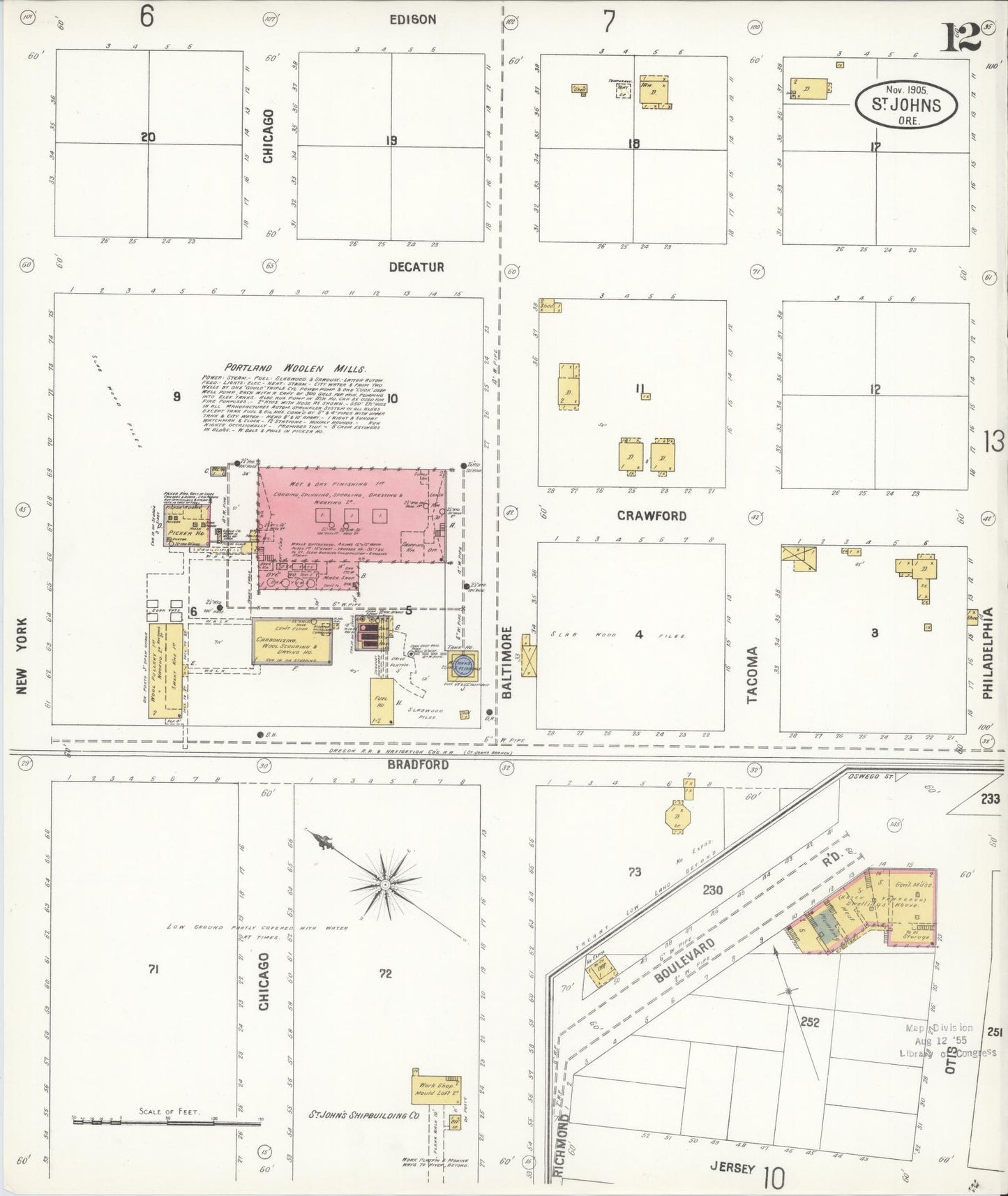 Sanborn Fire Insurance Map from Saint Johns, Multnomah County, Oregon (1905), Sheet #0012 - Complete Map Set gallery image, historic Sanborn map, vintage wall art, Oregon Oregon