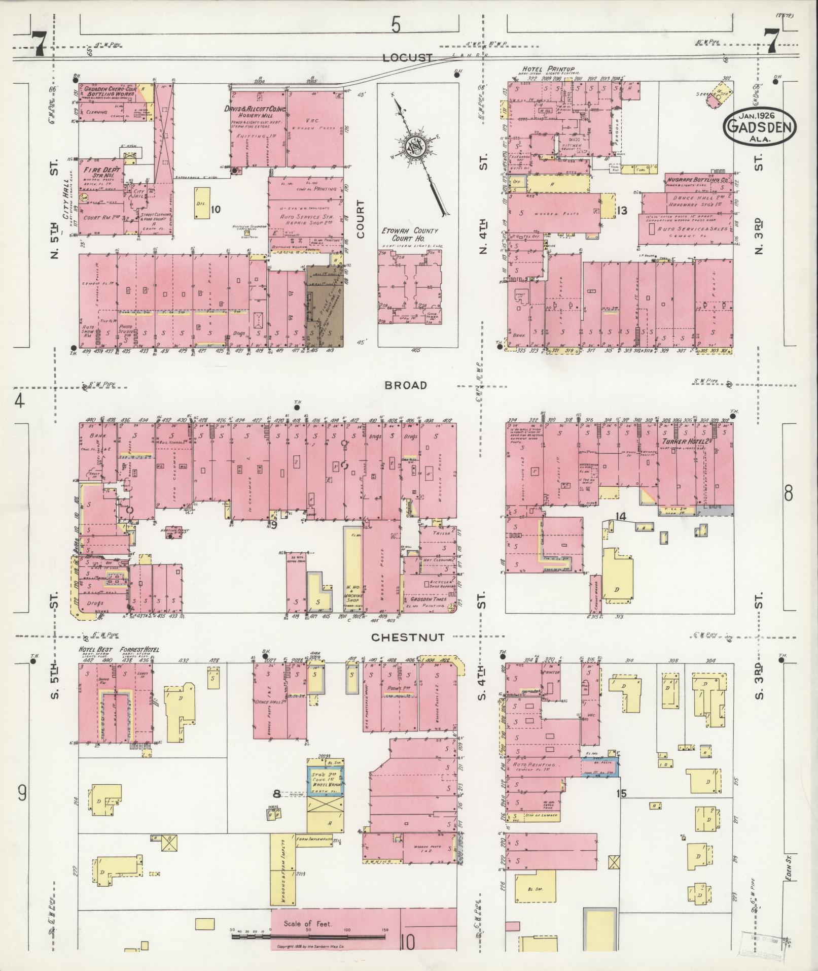 Sanborn Fire Insurance Map from Gadsden, Etowah County, Alabama (1926), Sheet #0007 - Historic Sanborn Fire Insurance Map Print, vintage old map wall art, antique decor, genealogy gift, Alabama Alabama map