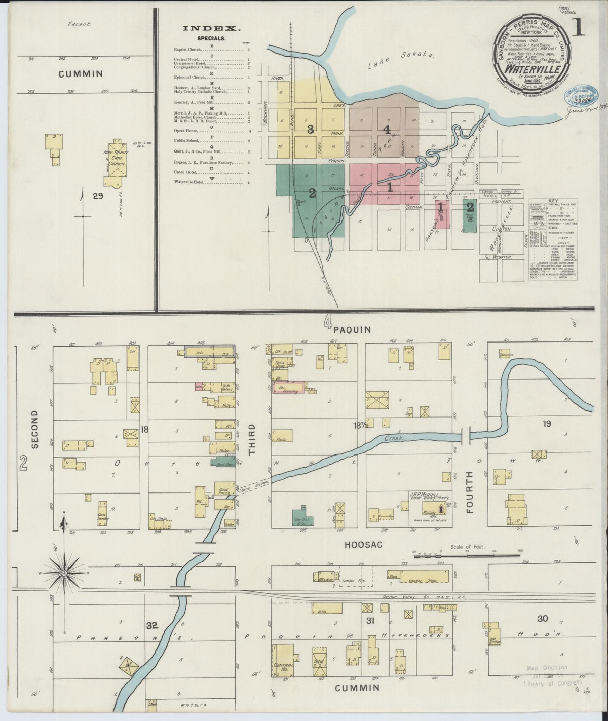 Sanborn Fire Insurance Map from Waterville, Le Sueur County, Minnesota (1894), Sheet #0001 - Historic Sanborn Fire Insurance Map Print, vintage old map wall art, antique decor, genealogy gift, Minnesota Minnesota map