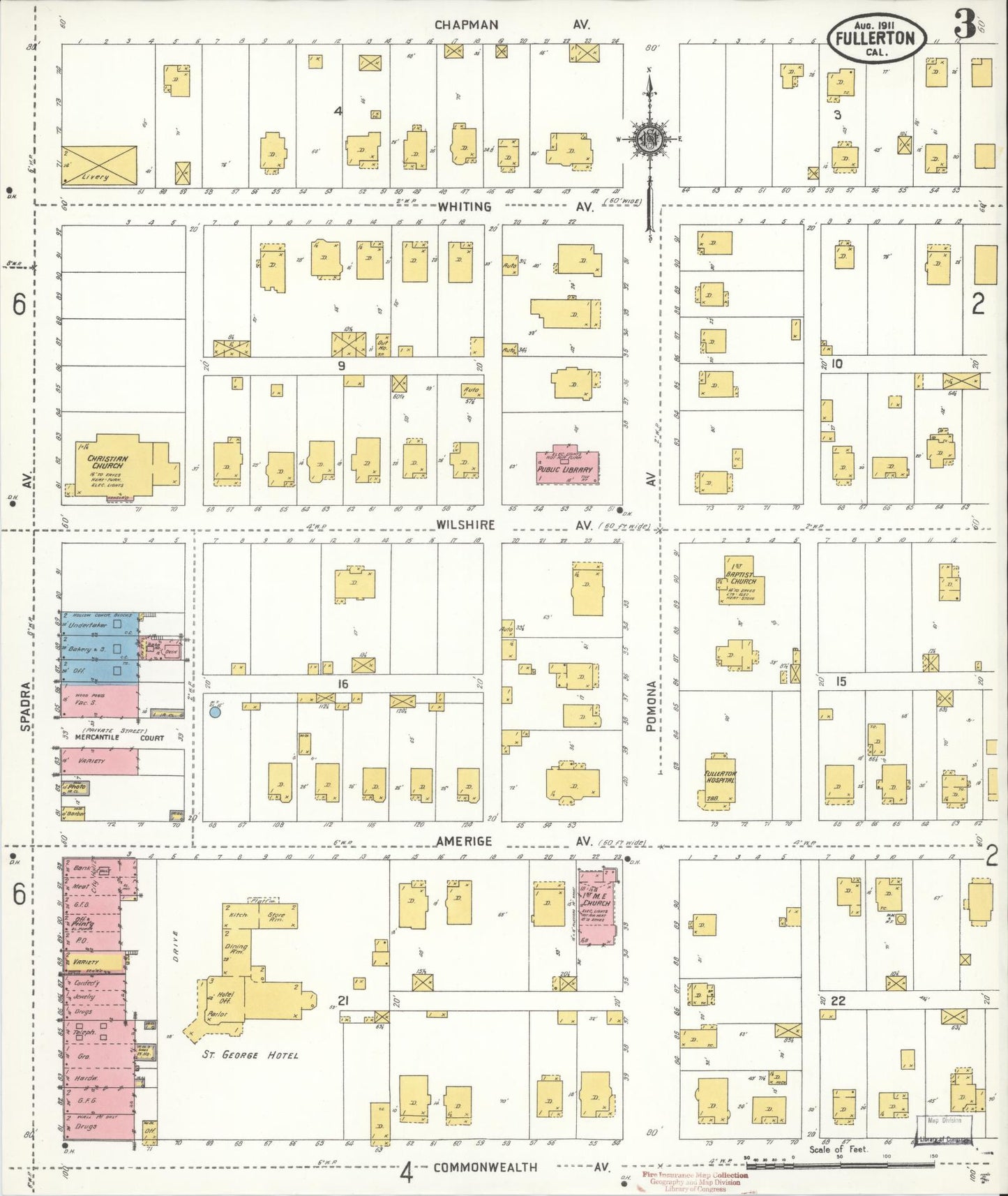 Sanborn Fire Insurance Map from Fullerton, Orange County, California (1911), Sheet #0003 - Historic Sanborn Fire Insurance Map Print, vintage old map wall art, antique decor, genealogy gift, California California map