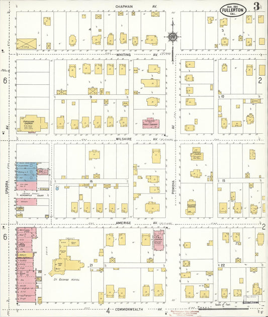 Sanborn Fire Insurance Map from Fullerton, Orange County, California (1911), Sheet #0003 - Historic Sanborn Fire Insurance Map Print, vintage old map wall art, antique decor, genealogy gift, California California map