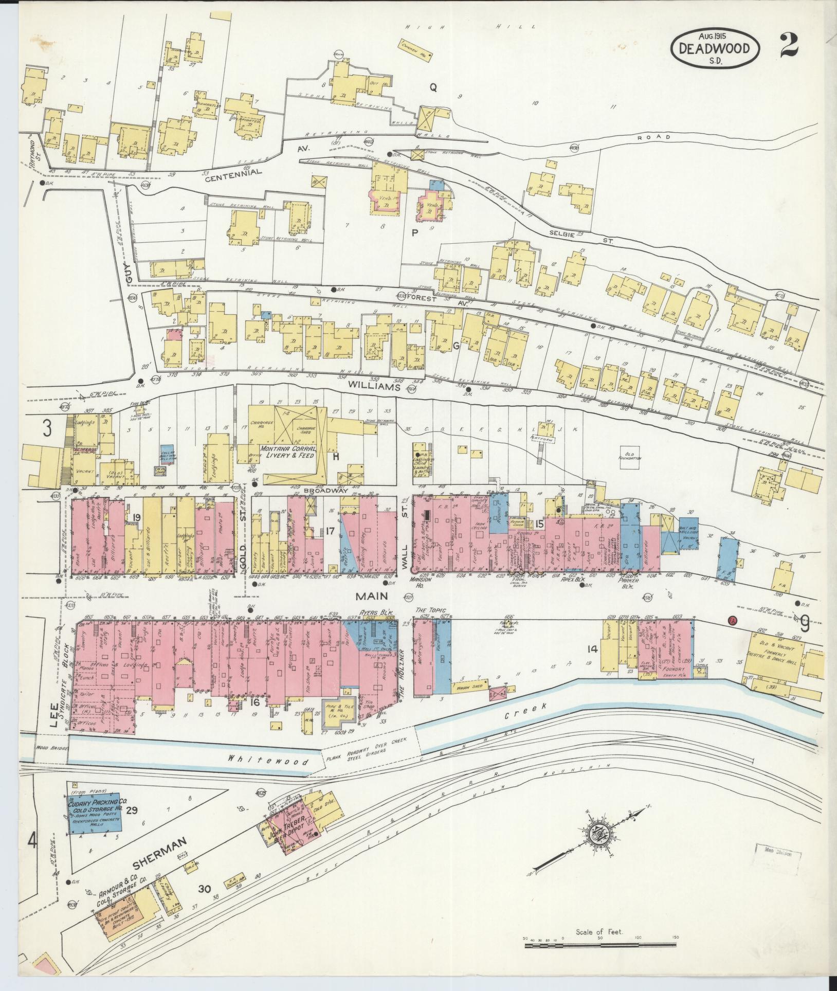 Sanborn Fire Insurance Map from Deadwood, Lawrence County, South Dakota (1915), Sheet #0002 - Historic Sanborn Fire Insurance Map Print, vintage old map wall art, antique decor, genealogy gift, South Dakota South Dakota map