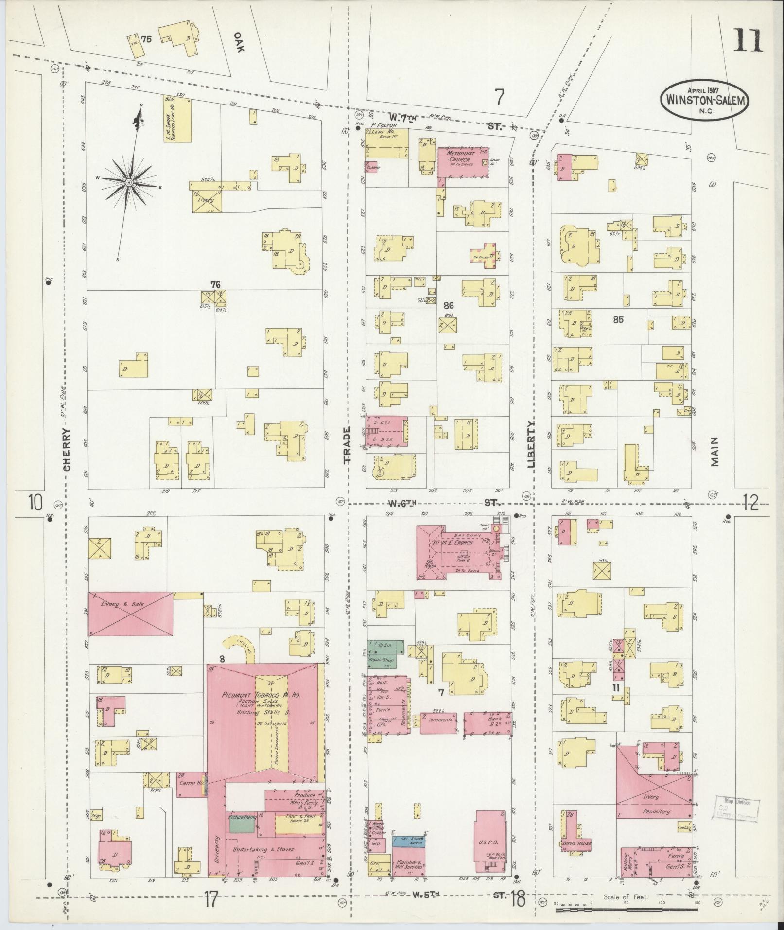 Sanborn Fire Insurance Map from Winston-Salem, Forsyth County, North Carolina (1907), Sheet #0011 - Historic Sanborn Fire Insurance Map Print, vintage old map wall art, antique decor, genealogy gift, North Carolina North Carolina map