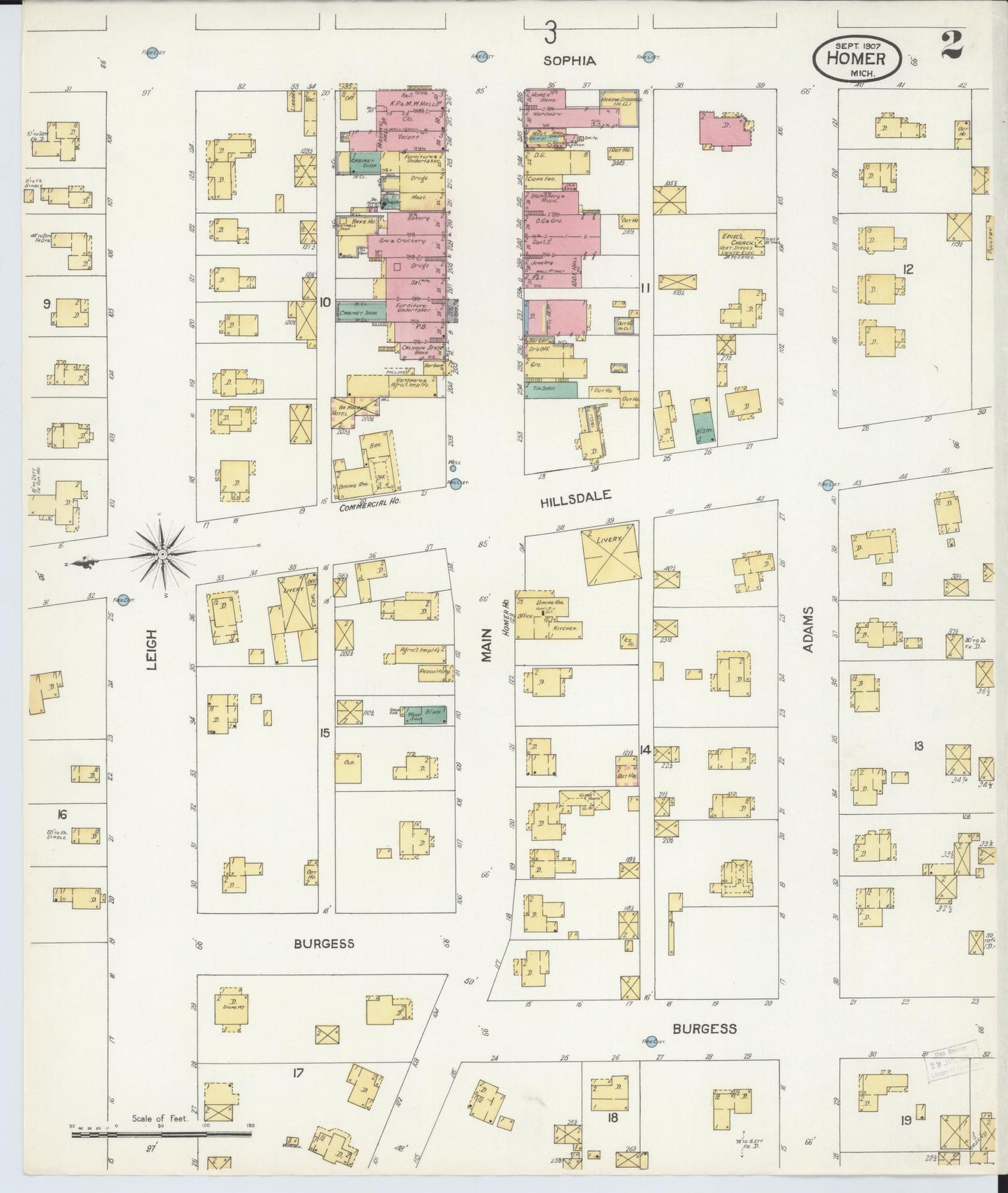 Sanborn Fire Insurance Map from Homer, Calhoun County, Michigan (1907), Sheet #0002 - Complete Map Set gallery image, historic Sanborn map, vintage wall art, Michigan Michigan