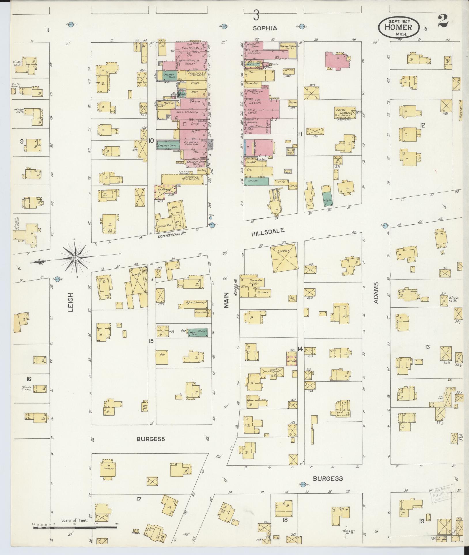 Sanborn Fire Insurance Map from Homer, Calhoun County, Michigan (1907), Sheet #0002 - Complete Map Set gallery image, historic Sanborn map, vintage wall art, Michigan Michigan