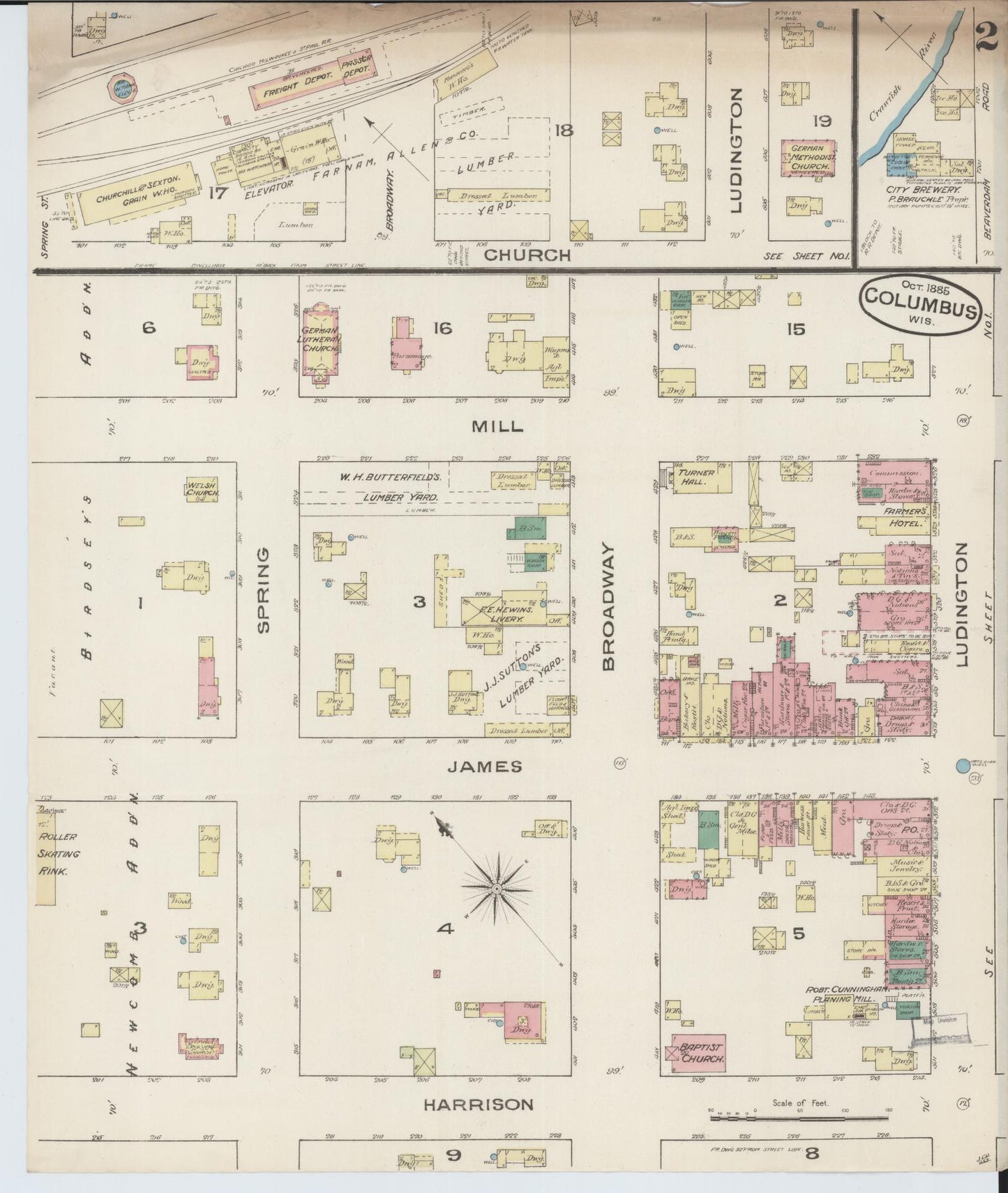 Sanborn Fire Insurance Map from Columbus, Columbia and Dodge County, Wisconsin (1885), Sheet #0002 - Historic Sanborn Fire Insurance Map Print, vintage old map wall art, antique decor, genealogy gift, Wisconsin Wisconsin map