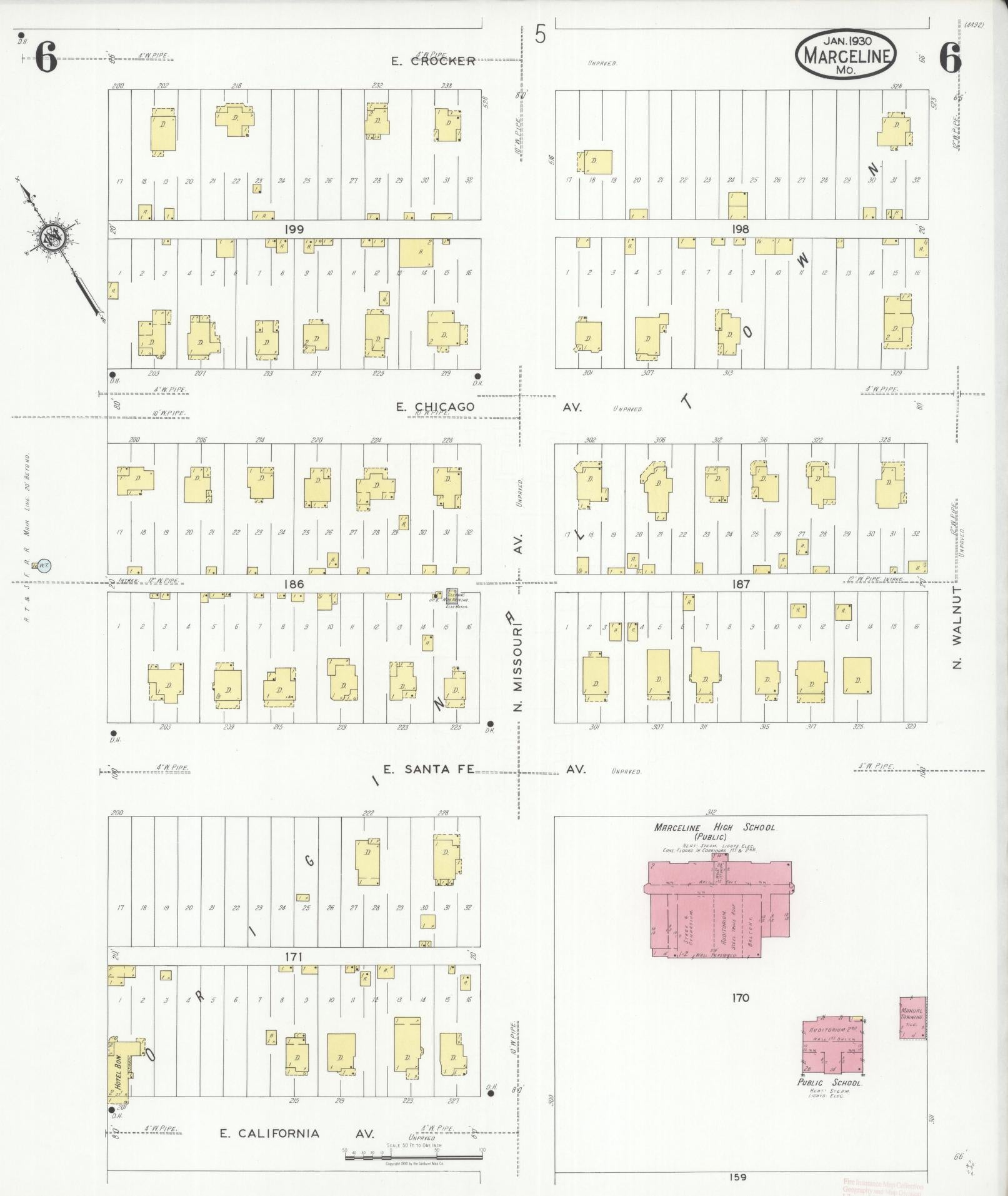 Sanborn Fire Insurance Map from Marceline, Linn County, Missouri (1930), Sheet #0006 - Complete Map Set gallery image, historic Sanborn map, vintage wall art, Missouri Missouri