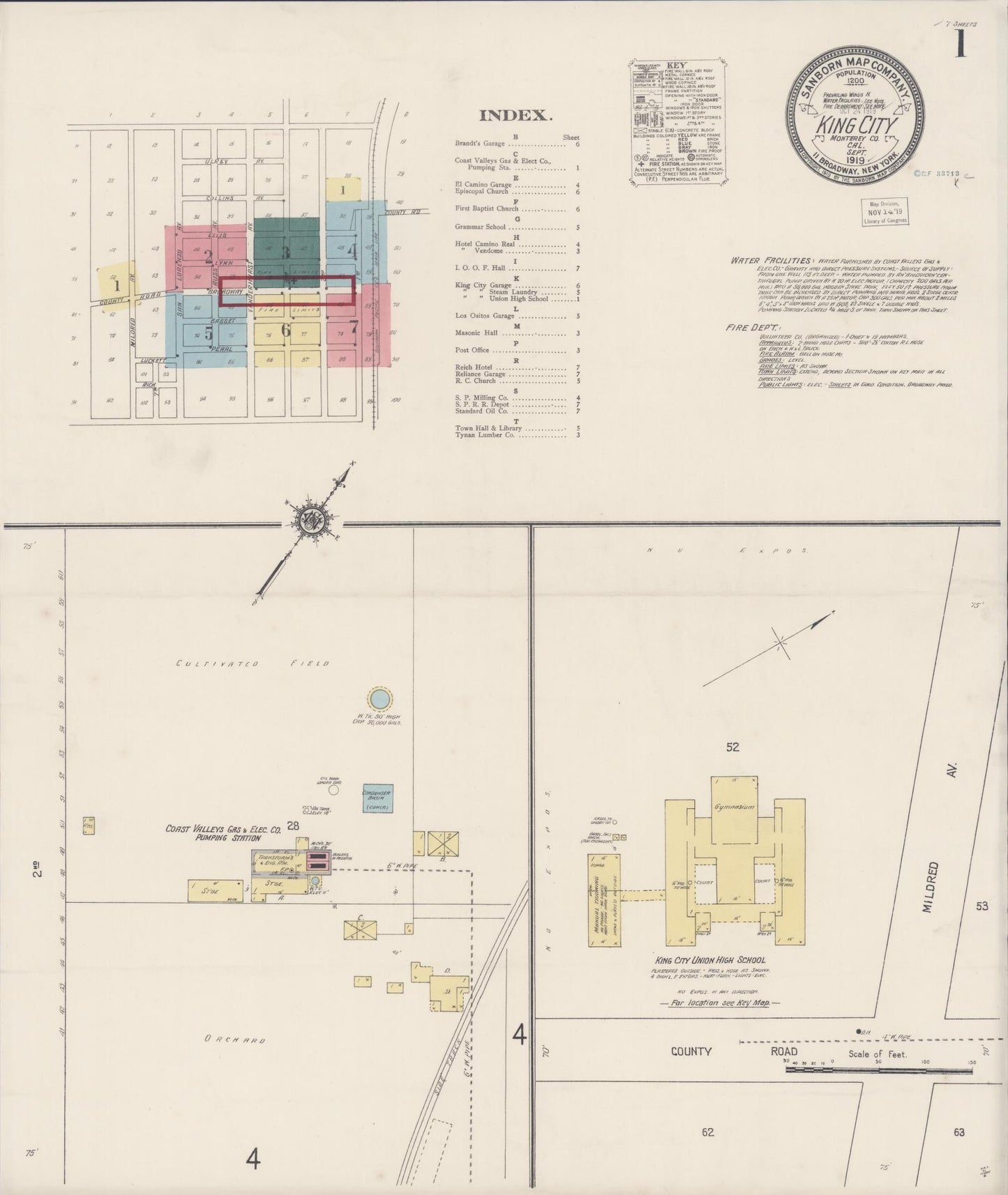 Sanborn Fire Insurance Map from King City, Monterey County, California (1919), Sheet #0001 - Historic Sanborn Fire Insurance Map Print, vintage old map wall art, antique decor, genealogy gift, California California map