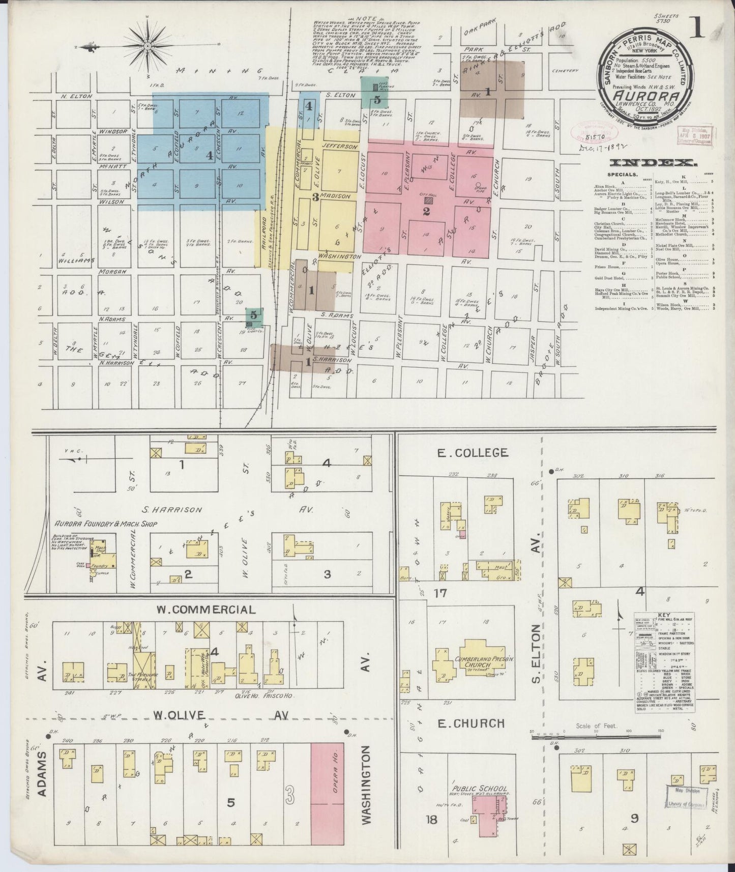 Sanborn Fire Insurance Map from Aurora, Lawrence County, Missouri (1892), Sheet #0001 - Complete Map Set gallery image, historic Sanborn map, vintage wall art, Missouri Missouri